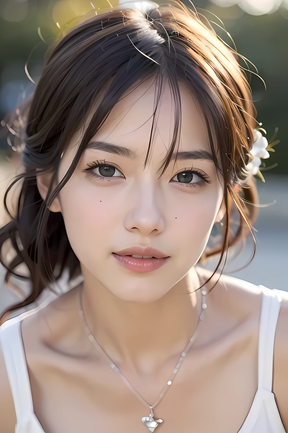 random posture,1 girl,Seduce, beautiful breasts, lips, realistic, photograph_\(Moderate\), alone, (masterpiece),(photographrealistic:1.3), Super detailed, (high definition skin:1.2),(highest quality:1.0), (ultra high resolution:1.0), (Ulzzang-6500:0.3), beautiful clear eyes, delicate necklace,sunlight, (Beautiful and detailed makeup), (Sexually aroused and blushing、breathing is rough:1.0), (Flowers with a soft glow:0.5),