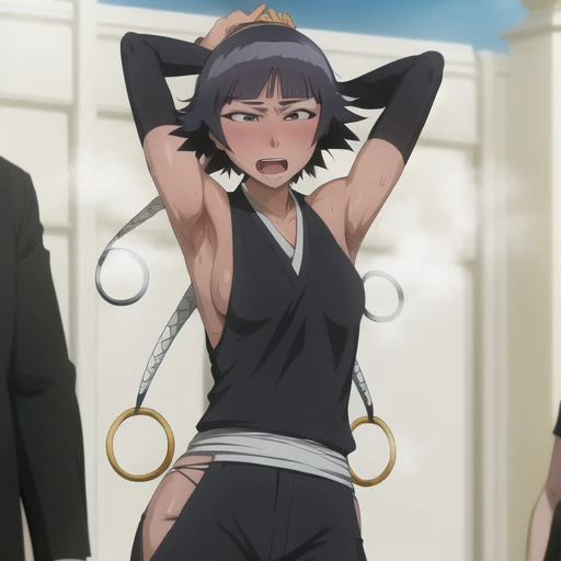 ( Animation screenshots:1.1),outdoor,
1 girl, alone, black hair, side breasts,eternal, short hair with long locks, japanese clothing, - Hip vents, no underwear,short hair, small breasts, (white eyes:1.1),No eyeballs, Also available in black, No headwear,low double braids,Face the audience, looking at the audience, tired, from below, (Show armpits:1.1), ((Armpit:1.2)), Sexy, Sweat dripping, More and more sweat,(ahegao), (Roll your eyes), naughty face, blush, open mouth, Sticking out tongue, saliva, sloppy person,Runny nose,skinny, raise arms, (arms above head:1.5)
