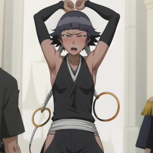 ( Animation screenshots:1.1),outdoor, 
1 girl, alone, black hair, side breasts,eternal, short hair with long locks, japanese clothing, - Hip vents, no underwear,short hair, small breasts, (white eyes:1.1),No eyeballs, Also available in black, No headwear,low double braids,Face the audience, looking at the audience, tired, from below, (Show armpits:1.1), ((Armpit:1.2)), Sexy, Sweat dripping, More and more sweat,(ahegao), (Roll your eyes), naughty face, blush, open mouth, Sticking out tongue, saliva, sloppy person,Runny nose,skinny, raise arms, (arms above head:1.5)
