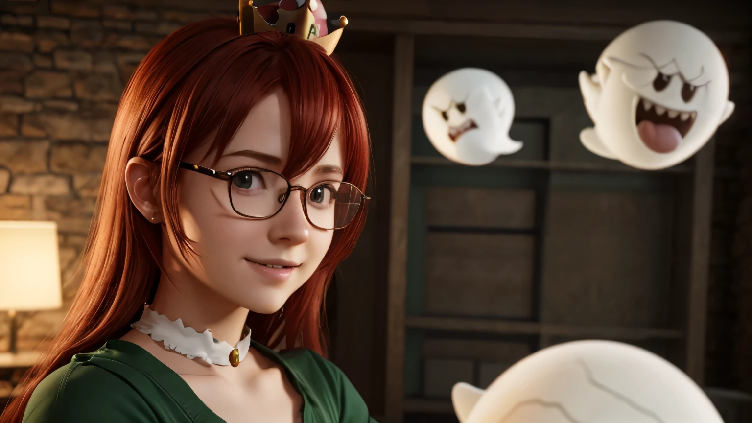 ((ghosts super mario)). short, Red hair, green eyes, metal frame glasses, green shirt-dress with buttons, smile, cute 15 years old. photorealism. unreal engine. 3D model. Ultra high quality textures. 8k resolution