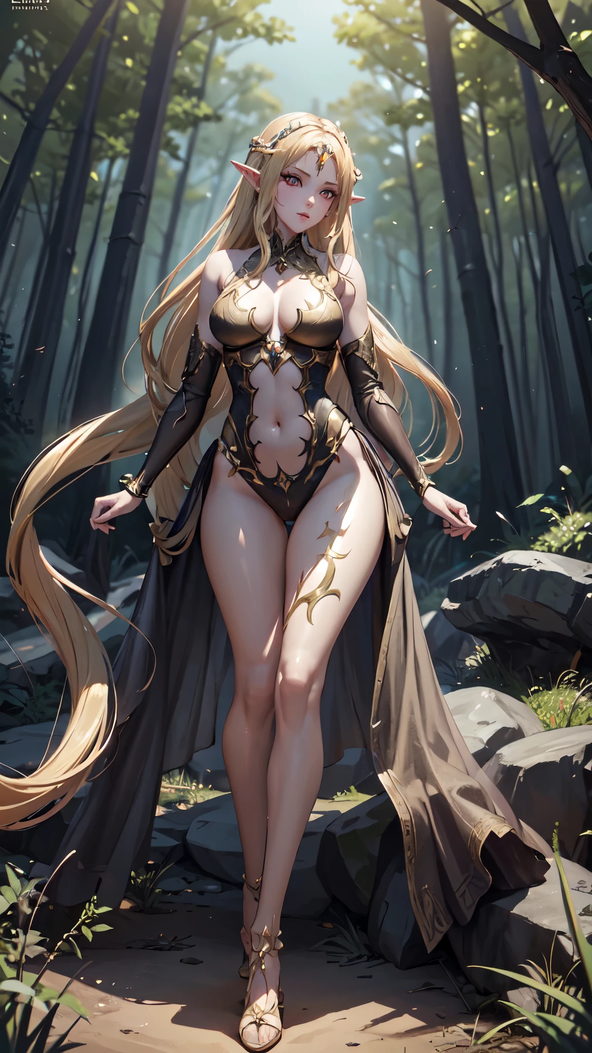 Beautiful Alluring female elf knight, Mythology Theme, Fantasy Theme, fair Skin, fair long blond braided hair, very small breasts, Inside A magical forest, Barely Clothed, bikini armor, Beautiful D&D Character Portrait, Beautiful Fantasy, Detailed, Digital Art, Extreme Detail, Polished, Beautiful, Hyperdetailed, Intricate, Elaborate, Meticulous, Anime Character, Detailed, Anime Face, Sharp Focus, Unreal Engine, 3d Rendered, Volumetric Lighting, Reflections, Glossy, Digital Illustration, Sensual Pose, Suggestive Pose, Full Body Shot, small perky breasts, anatomically correct, detailed eyes, detailed face, detailed hands