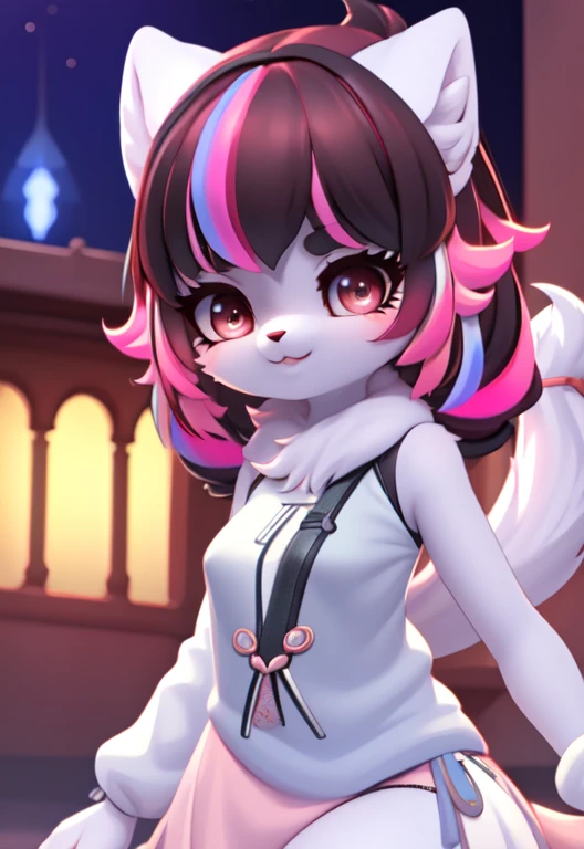 furry, white fur, ultra cute face,ultra long eyelashes, red elements on fur, glowing t-shrt, beautiful lights and shadows, ambient light, ultra detailed fur, ,neon highlights, chiaroscuro, masterpiece, epic, ultra HD, intricate