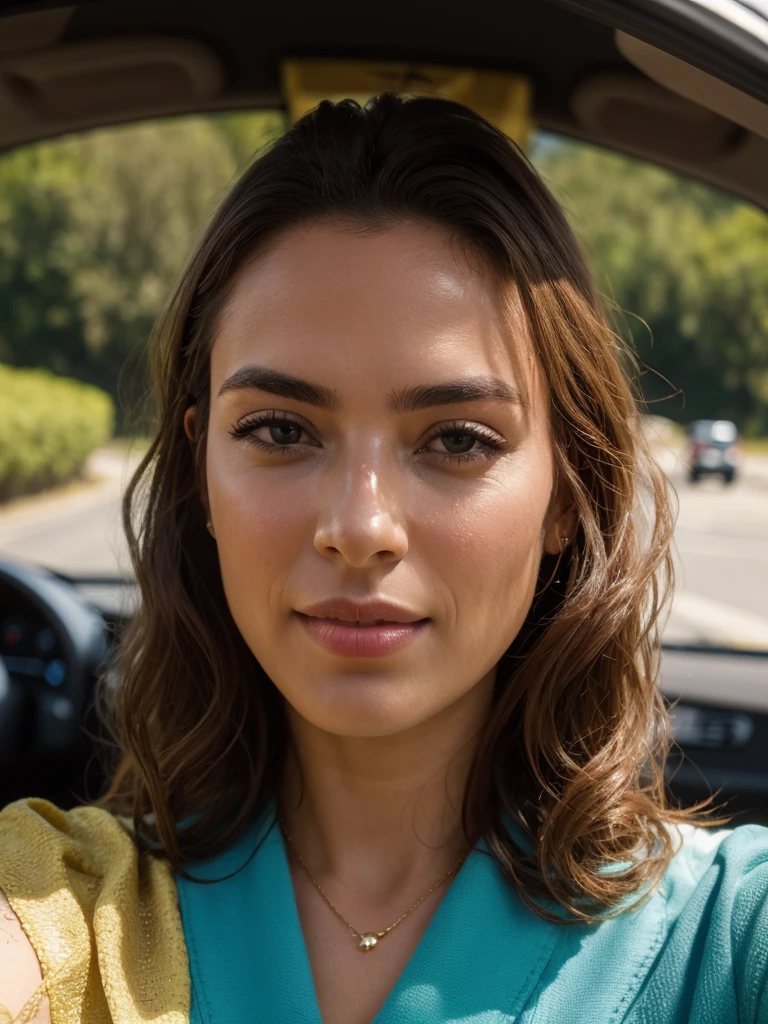 Beautiful Mayan beekeeper in colorful outfit, selfie, dans une voiture, complex and detailed, 23 ans, expression innocente, Long wavy hair, yeux vert, high resolution, chef-d'artwork, best quality, Very detailed, sharpness, textured skin, Realistic skin texture, detailed eyes, professionnel, 4k, sourire charmant, captured on Canon, 50 millimeters, faible profondeur de champ, couleur de vision kodak, Superbly fitted colorful outfit, extremely detailed, photoRealistic, Realistic, Post-traitement, Maximum details, roughness, la vraie vie, ultra-Realistic, photorealism, La photographie, 8k euh