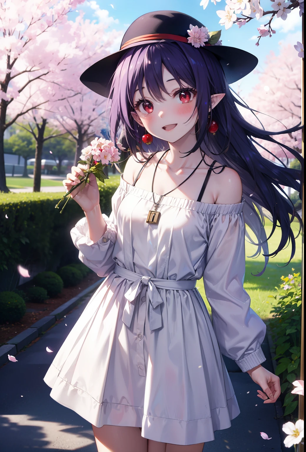 yuukikonno, yuuki konno, long hair, pointy ears, purple hair, (red eyes:1.5), (small breasts:1.2),blush, happy smile, smile, open your mouth,Hunting Hat,White off-shoulder sweater,bare shoulders,naked neck,bare clavicle,Heart shaped pendant,Purple long skirt,white sneakers,Cherry blossoms are scattered,cherry blossoms are blooming,Cherry Blossom Tree-lined Path BREAK looking at viewer, full body,,(cowboy shot:1.5),
BREAK outdoors, garden,
BREAK (masterpiece:1.2), best quality, high resolution, unity 8k wallpaper, (illustration:0.8), (beautiful detailed eyes:1.6), extremely detailed face, perfect lighting, extremely detailed CG, (perfect hands, perfect anatomy),