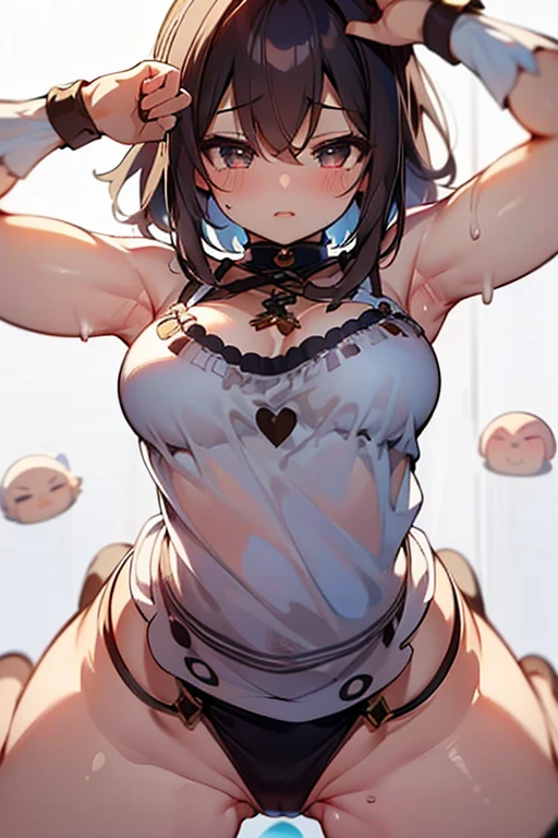 1girl,solo,retina,masterpiece, Awards, high quality, High resolution, HD, 4K,8K,high quality, rough skin,breast focus,(large breasts:1.3),faint smile,oily skin,underside of breasts,(mochi shaped breasts:1.2),(closeup upperbody:1.5),white clothe,,(short height,petite:1.4),camisole,(Symmetric posing:1.3),(mochi shaped breasts:1.2),breasts roundness,stradding