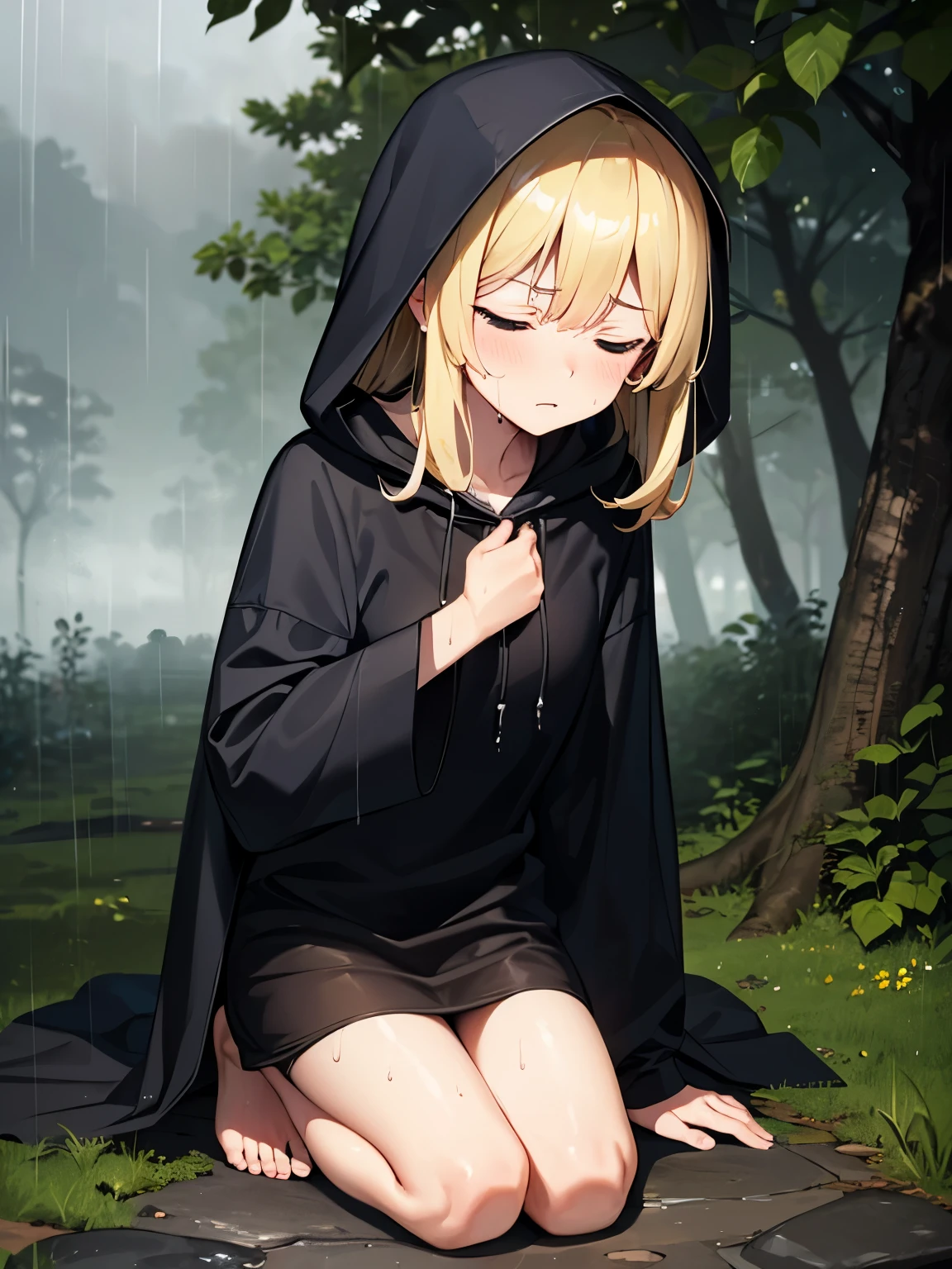 close your eyes,fog,soil,forest,rain,cloudy,1 girl,blonde,Wear a black hood,black long raincoat,barefoot,kneel down,serious face,Sweat,Wet