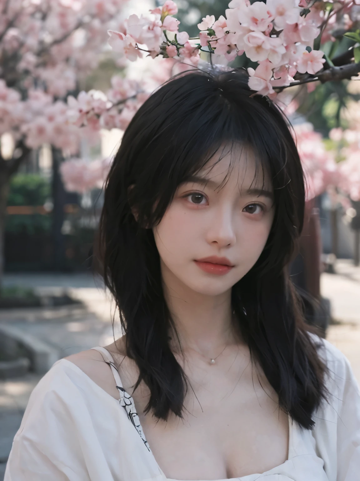 best quality， ultra high resolution， （realistically：1.4）， Cute tiara，Baoyu Girl， A pair of clear and charming peach blossom eyes,Royal sister，The sun shines on the face，Long curly hair，（under the cherry blossom tree：1.4），（necklace：1.2），（White skin：1.4），（Full body female love：1.2）a sense of atmosphere，a beautiful girl，looking directly at the viewer， Close-up cleavage ，(lifelike:1.4),1 girl,Sexy,(Upper body:1.4),(wet),(:1.2)，Highly detailed facial and skin textures, delicate eyes,surreal，Super real photos，Very detailed CG unified 8k wallpaper，（masterpiece），（best quality），（Super detailed），（Super real photos），（Best character details：1.36），There is light on the face, movie lighting，illustration, Very detailed，Level verbose, High resolution, Very detailed, best quality, masterpiece