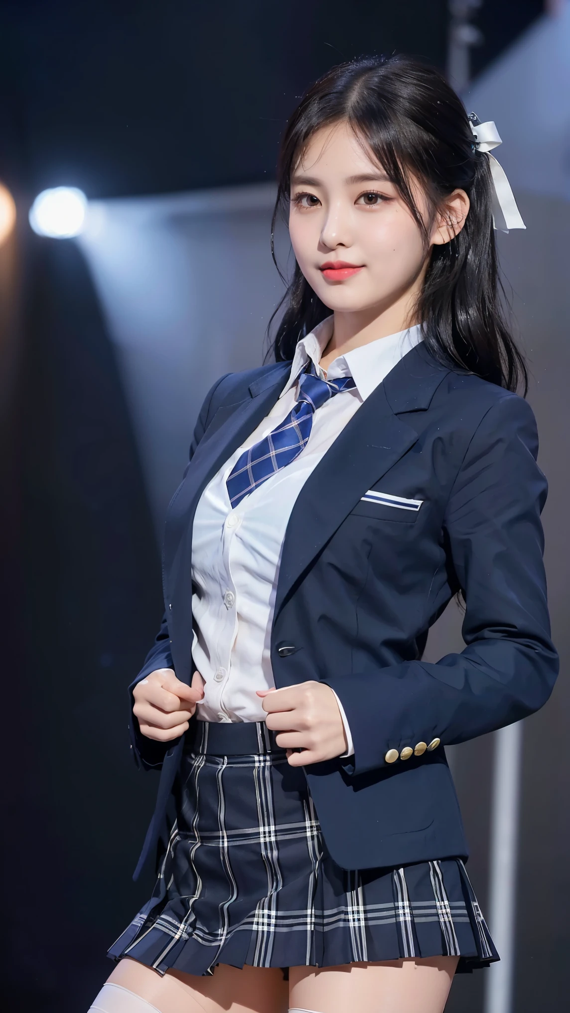 (8K), (highest quality: 1.2), (realistic), (realistic: 1.47), ultra high resolution, 1 girl, cute, smile, closed mouth, (thick lips:1.2),red lip,(purse your lips),beautiful details, beautiful nose,(Straight shiny black hair),(With a black ribbon on her head),Stand on the concert stage,hold the microphone in the right hand,Bend your elbows and raise your hands,(University Student Uniform,A simple navy blue blazer,white satin shirt,tie,tartan check pleated skirt,opaque tights:1.2),(Wet thighs close up:1.2),(super low angle:1.2),(shot from behind)