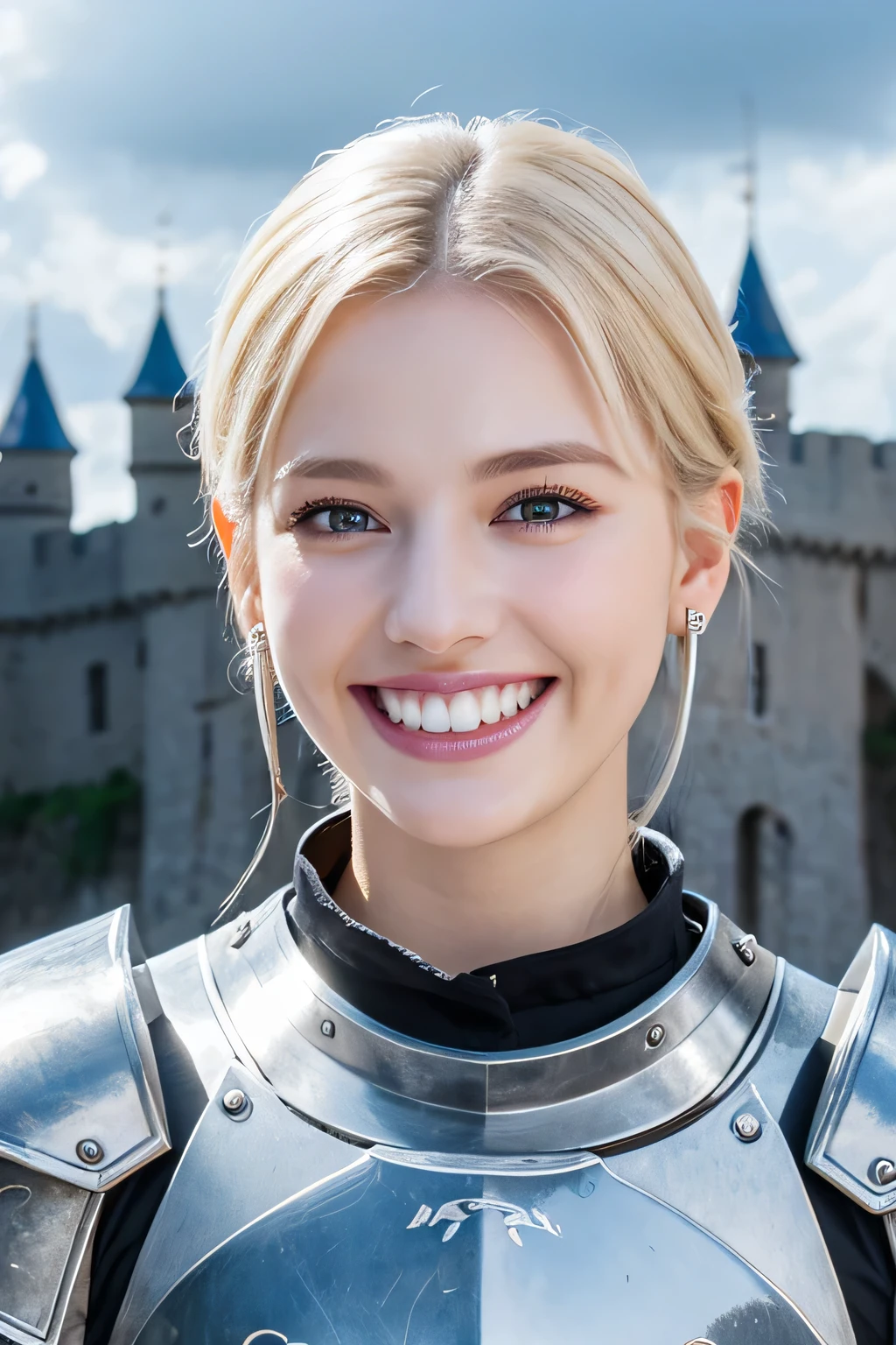 8K、highest quality、female knight、The background is a castle、Luxurious Silver Armor、heavy equipment、hairstyle shortcut、smile、beautiful teeth、full body photo、ear piercing、white woman、blonde hair、blue eyes、Gummy Smile、The background is a cloudy sky、heavy makeup