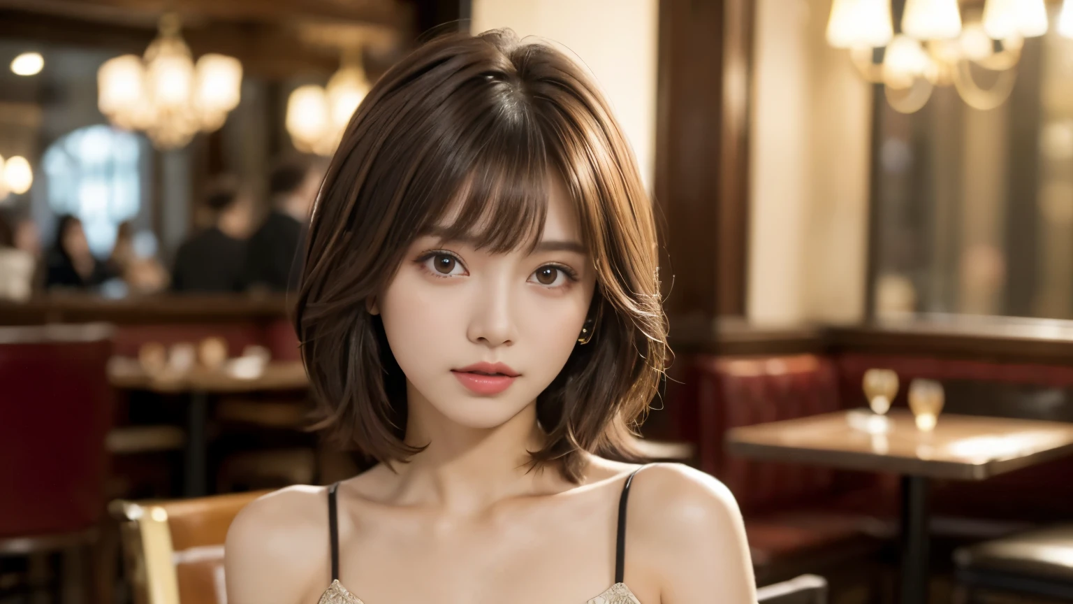 (masterpiece, super detailed, very detailed, exquisite, 16k, disorganized), woman, 19 years old, glamorous, (Suppin breeze:1.4), looking at the viewer, short hair, messy hair, diagonal bangs, brown hair, brown eyes, Upper body, cinematic lighting, Blurry background in focus, Inside a stylish cafe, Urban Cafe