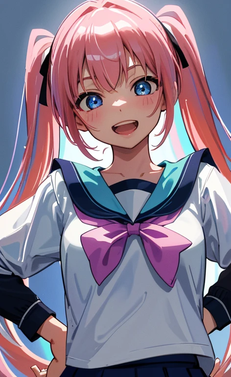 (masterpiece、top-quality、8k size wallpaper、offcial art)、(face focus:1.3,portrait,upper body)、(1girl),Open mouth happy grin,cute face,blue eyes、twintails、
,(stand),
,(sexy body),(sailor uniform,skirt),(long fluorescence pink hair), (small breasts)、
、fluorescence、classroom,JK、