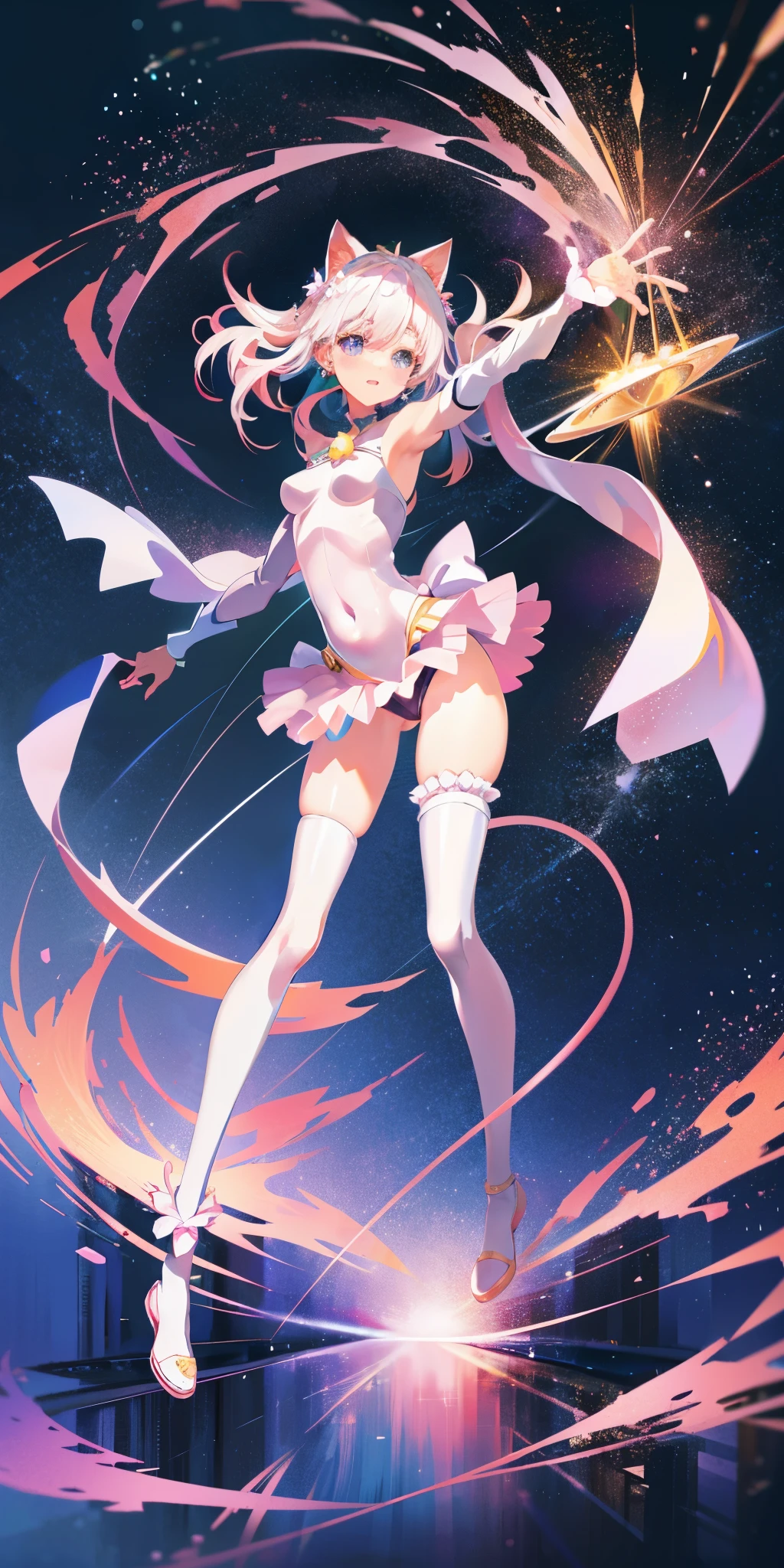Anime star Magic Girl, sparkling Magic Girl, portrait of the Magic Girl, Beautiful celestial mage, Pale pink cherry blossoms,anime goddess, Bow decoration,Magic Girl, (Snow-white hair),(Two cat ears), (colorful), whimsical, charming, small breasts,open navel,Bare thighs,camel toe,whole body
