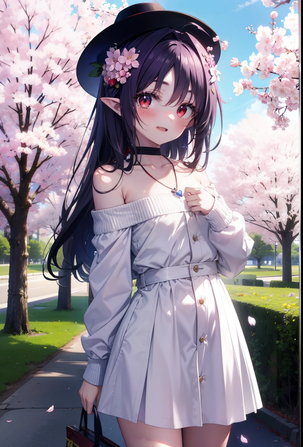 yuukikonno, yuuki konno, long hair, pointy ears, purple hair, (red eyes:1.5), (small breasts:1.2),blush, happy smile, smile, open your mouth,hat,White off-shoulder sweater,bare shoulders,naked neck,bare clavicle,Heart shaped pendant,Purple long skirt,white sneakers,Cherry blossoms are scattered,cherry blossoms are blooming,Cherry Blossom Tree-lined Path BREAK looking at viewer,  full body,,(cowboy shot:1.5),
BREAK outdoors, garden,
BREAK (masterpiece:1.2), best quality, high resolution, unity 8k wallpaper, (illustration:0.8), (beautiful detailed eyes:1.6), extremely detailed face, perfect lighting, extremely detailed CG, (perfect hands, perfect anatomy),