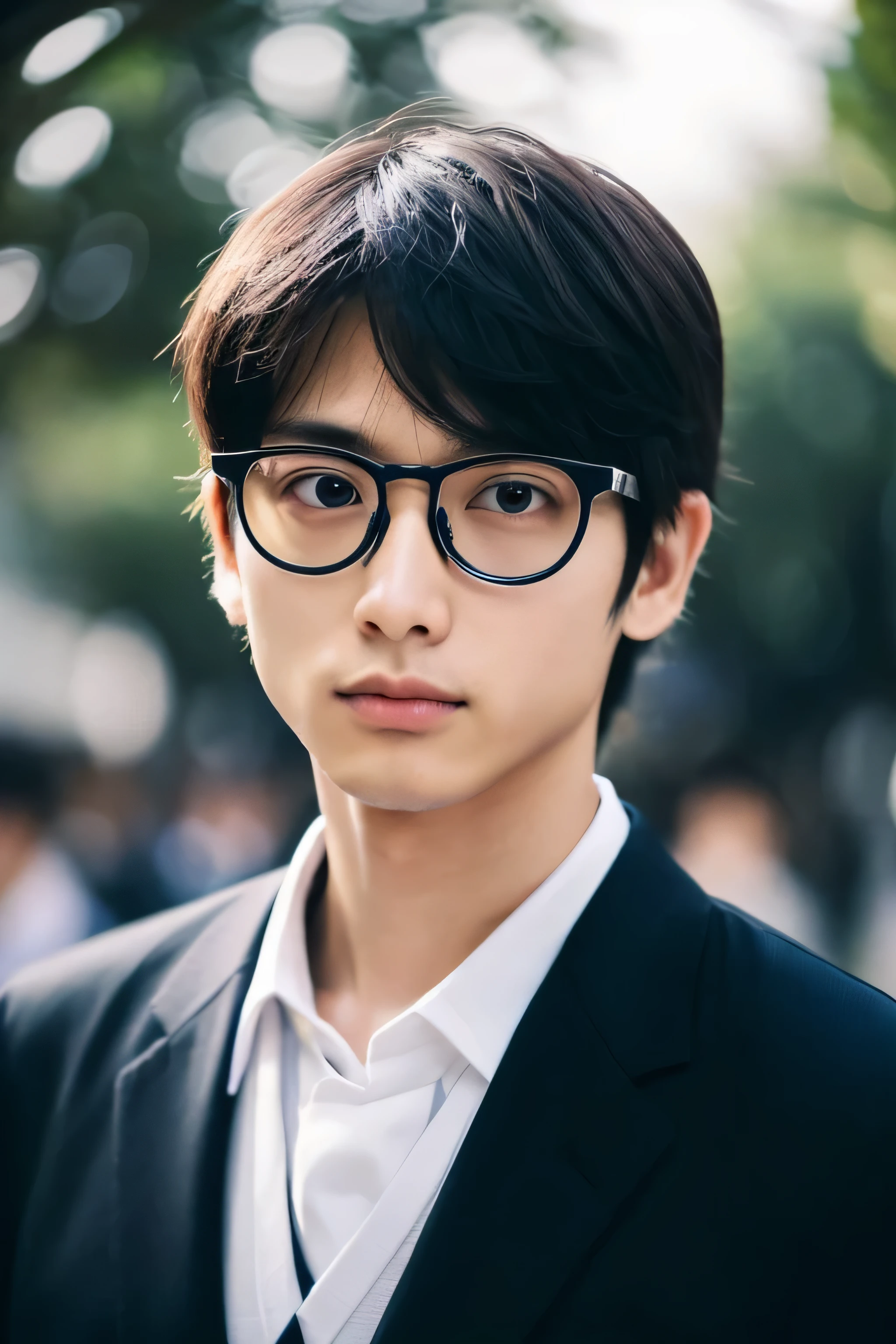 Wearing transparent glasses、Tokyo Marunouchi、Sidewalk under the trees、body whole、Height 178cm、long legs、Walking briskly and hurriedly、wearing frameless glasses、Talking on an iPhone、Holding a black bag handle、He wears a white shirt and a dark blue suit、navy blue tie、No tie pin、A beautiful young 18 year old man、Kazuma、masterpiece photo、ultra high resolution、 Really detailed RAW photos.single eye、droopy eyes、 Attractive, very large eyes、Eye color is dark brown,The lips are thin and tight、The tip of the nose is straight、nostrils are small、 dark brown hair, Fair skin, slim body shape
