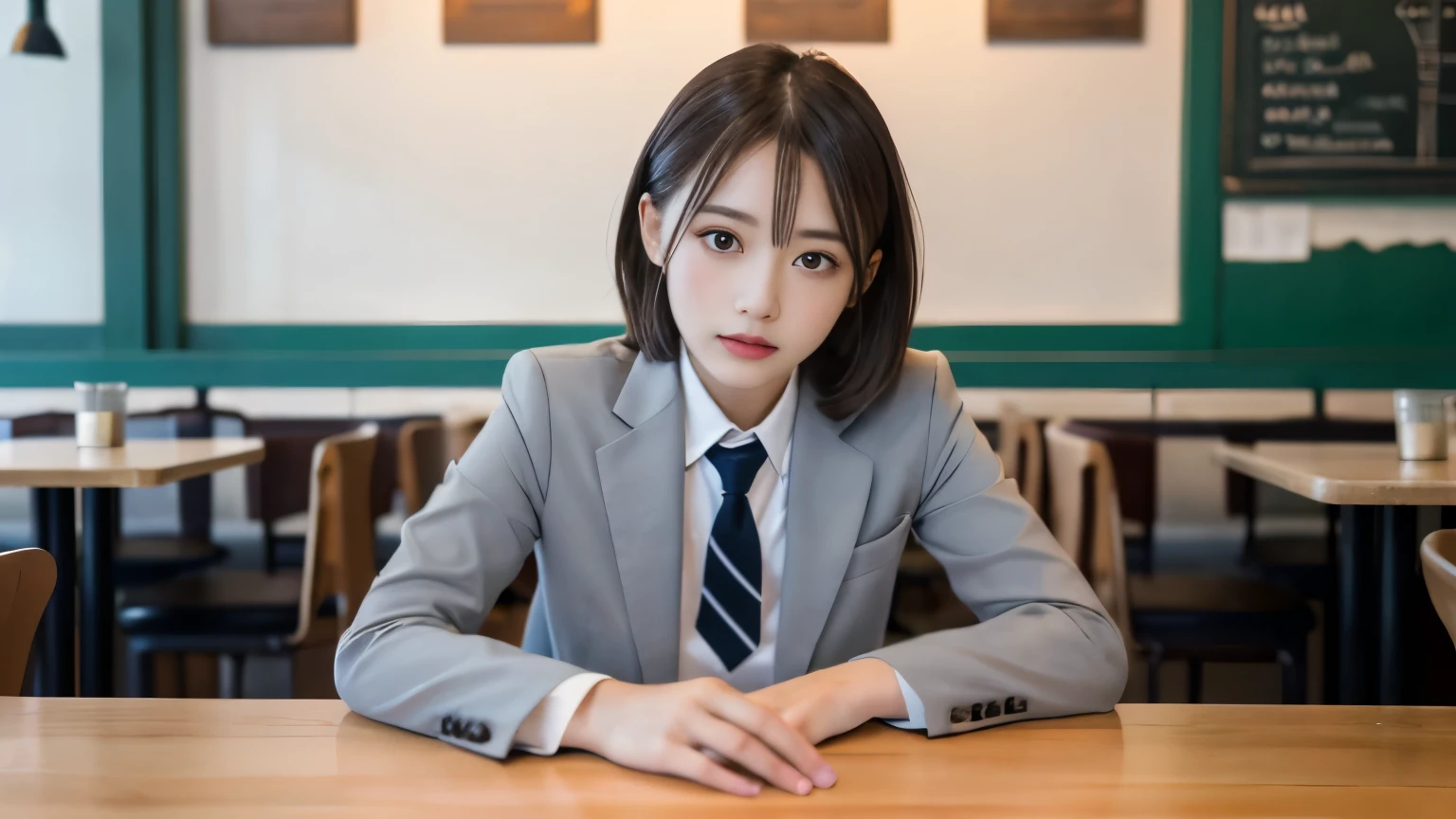 8K, highest quality, real image, intricate details, Super detailed, ultra high resolution, depth field,(realistic,realistic:1.2),table top , front shot , Photographed at a stylish cafe , girl, とても美しい17歳のgirl, innocent big eyes,、highly detailed eyes:1.2)、bangedium short hair, perfect skin, Fair skin, tight waist, light blush, look at the viewer,((School_uniform),(blazer), (white shirt、wear a tie), (gray pleated skirt), (sculpture installation :1.1), urban cafe space, Customers enjoying cafe around