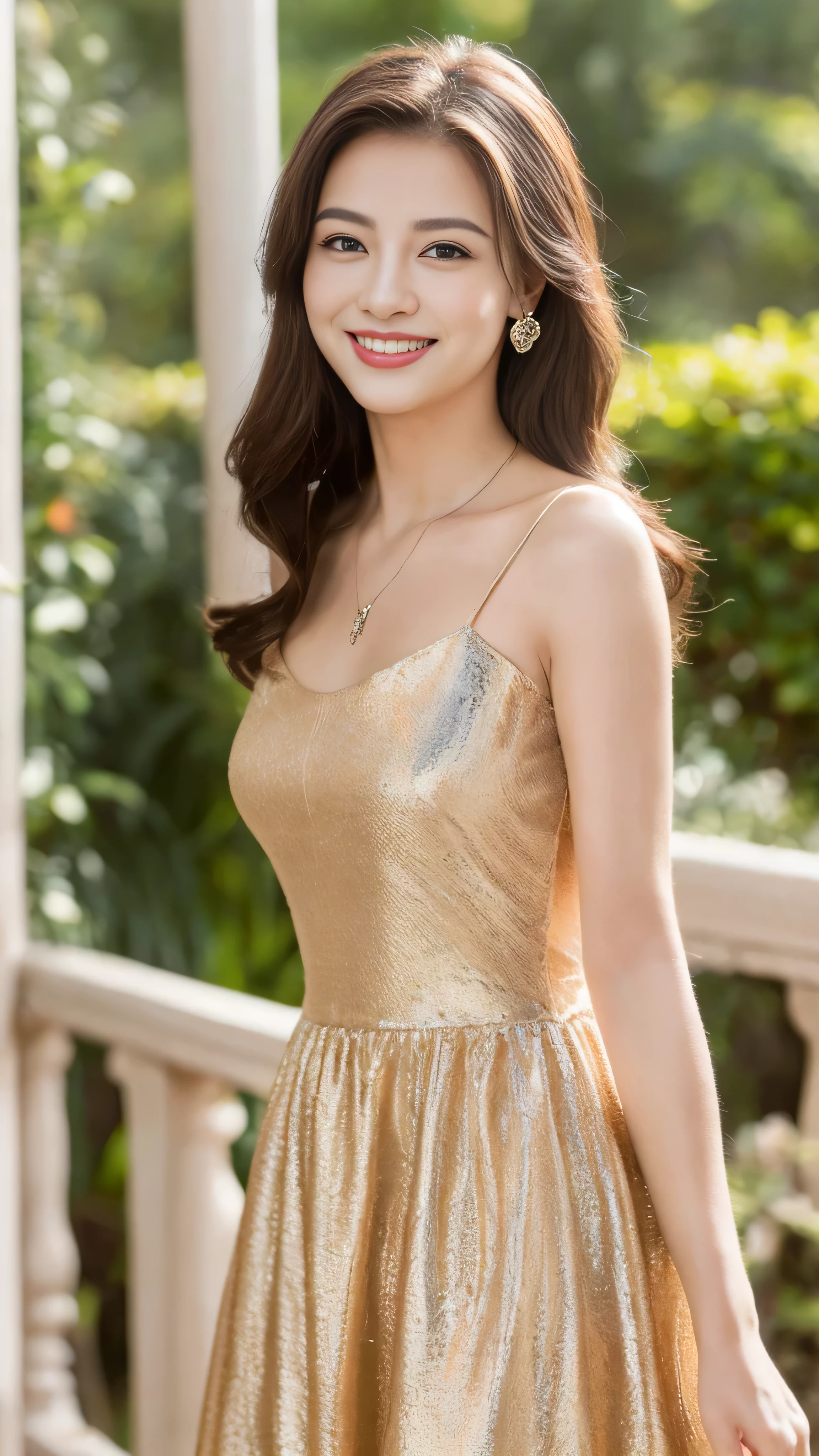 (highest quality, 16K, masterpiece: 1.3), (movie actress:1.4),beautiful woman with perfect figure: 1.2, (Nationality is random:1.4), wearing a pendant, strapless、elegant long dress、(very affectionate smile:1.2)、 highly detailed face and skin, fine eyes, double eyelid, ((full body shot:1.3))、