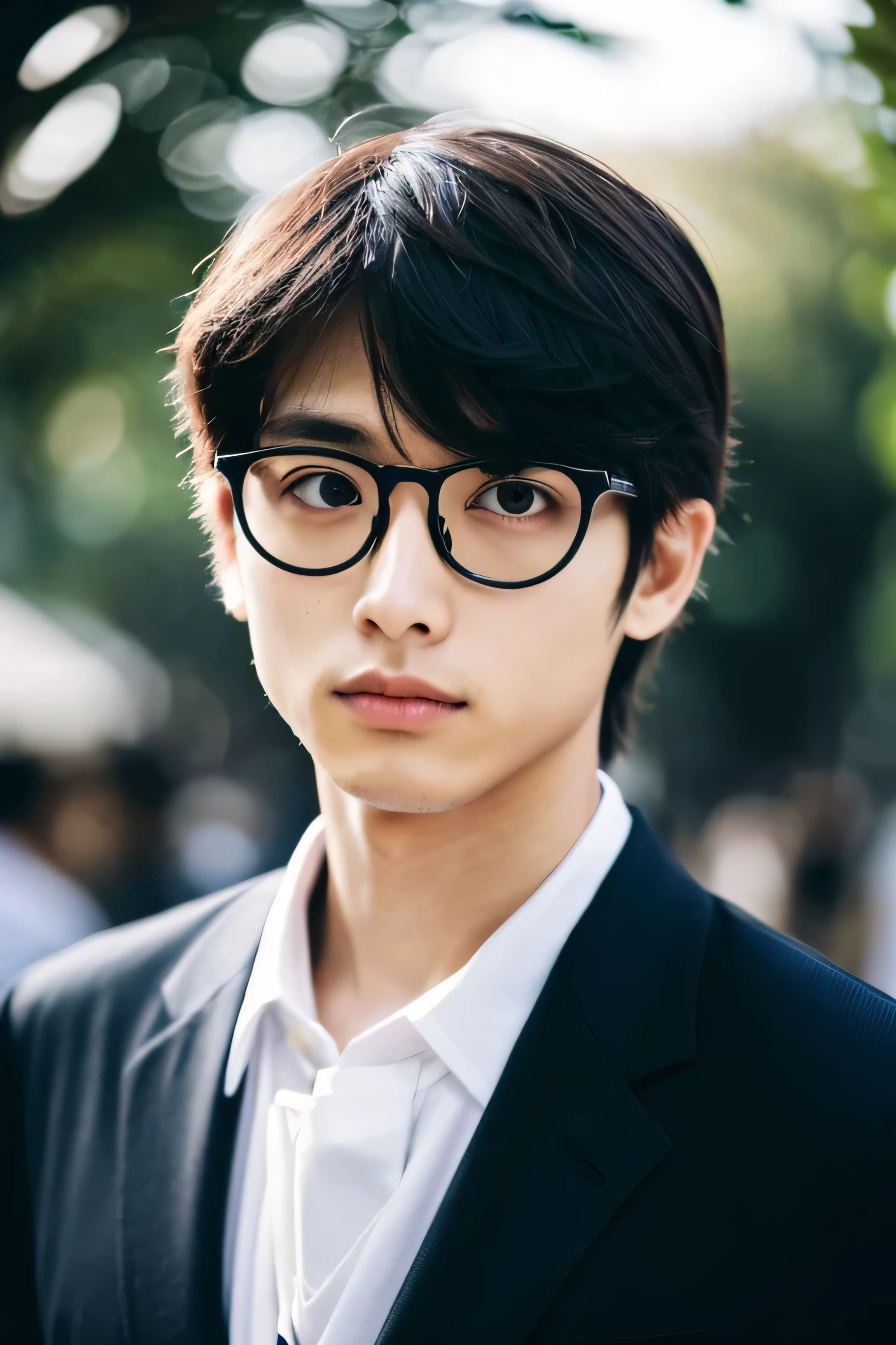 Wearing transparent glasses、Tokyo Marunouchi、Sidewalk under the trees、body whole、Height 178ｃｍ、long legs、Walking briskly and hurriedly、wearing frameless glasses、Talking on an iPhone、Holding a black bag handle、He wears a white shirt and a dark blue suit、navy blue tie、No tie pin、A beautiful young 18 year old man、Kazuma、masterpiece photo、ultra high resolution、 Really detailed RAW photos.single eye、droopy eyes、 Attractive, very large eyes、Eye color is dark brown,The lips are thin and tight、The tip of the nose is straight、nostrils are small、 dark brown hair, Fair skin, slim body shape