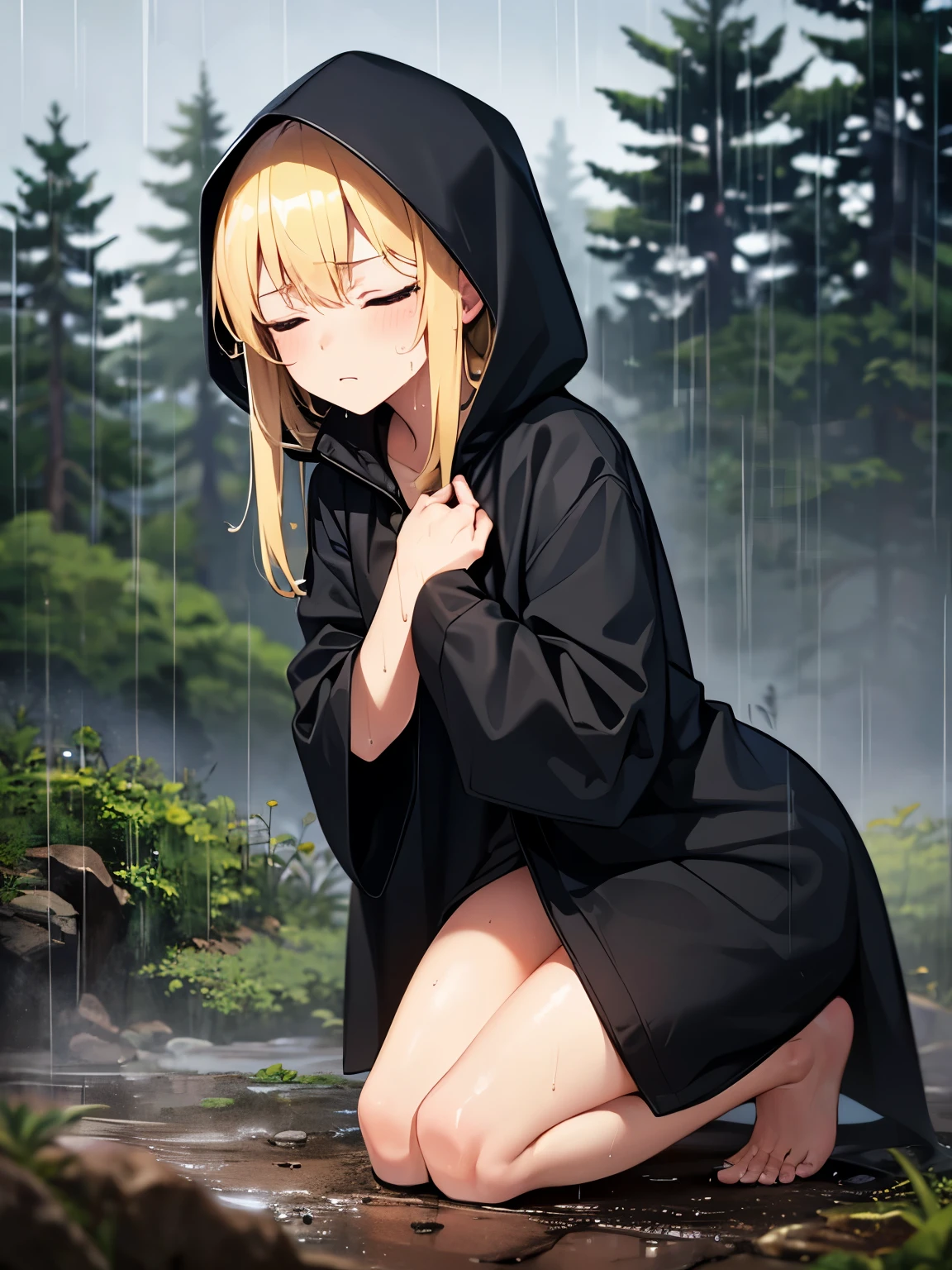 close your eyes,fog,soil,forest,rain,cloudy,1 girl,blonde,Wear a black hood,black long raincoat,barefoot,kneel down,serious face,Sweat,Wet,