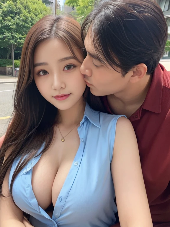 (table top:1.2), realistic, 18 year old photo.girl wearing a loose shirt、(Half-unbuttoned shirt) , highest quality, (big breasts), bare shoulders, cleavage, , lower chest、Exposed breasts、brown hair、((gal))、adult woman、(long face)、big eyes、double eyelids、BREAK,Commemorative photo、with men、elder、Fat old man、two shot、((Man touching girl's body))、A man staring lewdly at a woman,Grinning man,Grinning man,Grinning man,Grinning man、Sexual harassment teacher、Man kissing woman on the forehead、Man kissing woman on the forehead、Man kissing woman on the forehead、Man kissing woman on the forehead、Man kissing woman on the forehead
