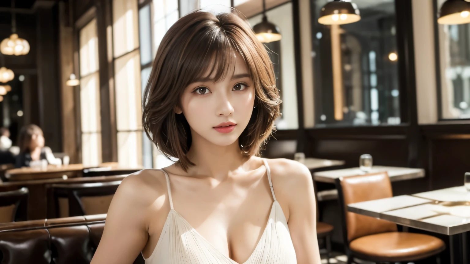 (masterpiece, super detailed, very detailed, exquisite, 16k, disorganized), woman, 19 years old, glamorous, (Suppin breeze:1.4), looking at the viewer, short hair, messy hair, diagonal bangs, brown hair, brown eyes, Upper body, cinematic lighting, Blurry background in focus, Inside a stylish cafe, Urban Cafe 