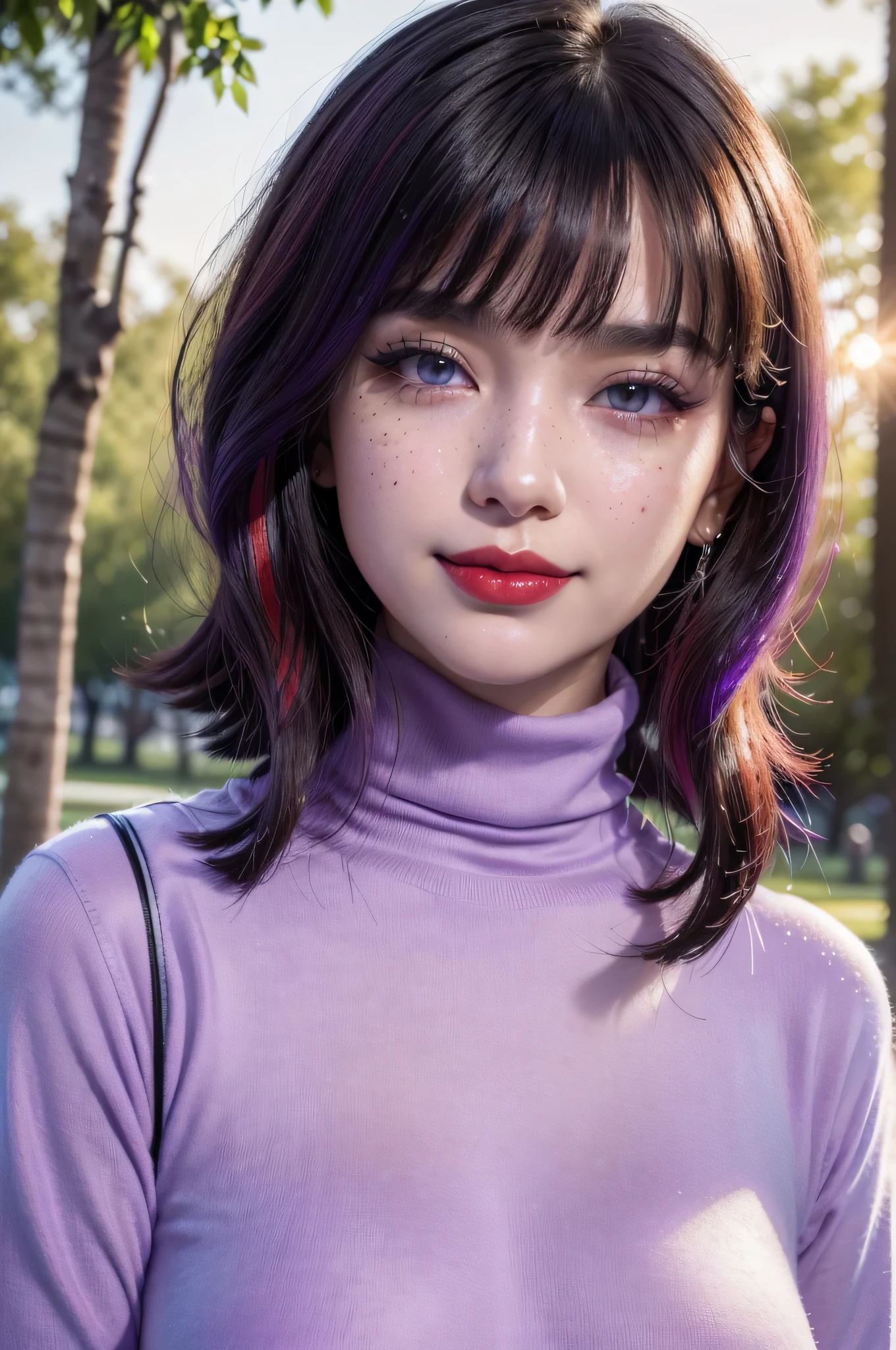 Beautiful young asian , 16 ylo, gothic style, pale white skin, (bright skin:1.3), delicate face, sharp features, short hair, (((bangs))), (((short wavy dark black hair, with red highlights))), (((super dark black hair))), (((light violet sparkly eyes))), (((sharp almond eyes))), double eyelids, (((super long and thick eyelashes))), thick dark eyebrows, small nose, (((lifed breasts through shirt's fabric))), pointy nose, big mouth, (((full red lips))), deeply blushing, cheek freckles, cute, (((smiling softly))), earring, (((wearing a turtleneck purple shirt))), (((date in the park setting))), Soft sunlight, realistic light and shadows. detailed, (highres:1.2), (enchanced quality:1.4), (Top quality true texture skin), vivid colors, colorful, ultrahigh res, octane render unreal engine, volumetrics dtx, (sunset), (photorealistic:1.4), UHD, sharp focus, hyperrealistic, high quality, 16k.