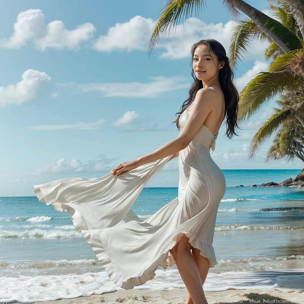Japan woman with beautiful shape of rounded waist and perfect back on beach looking at camera、1Beautiful 25 year old woman、Black hair straight long hair、(masutepiece,8K,top-quality)