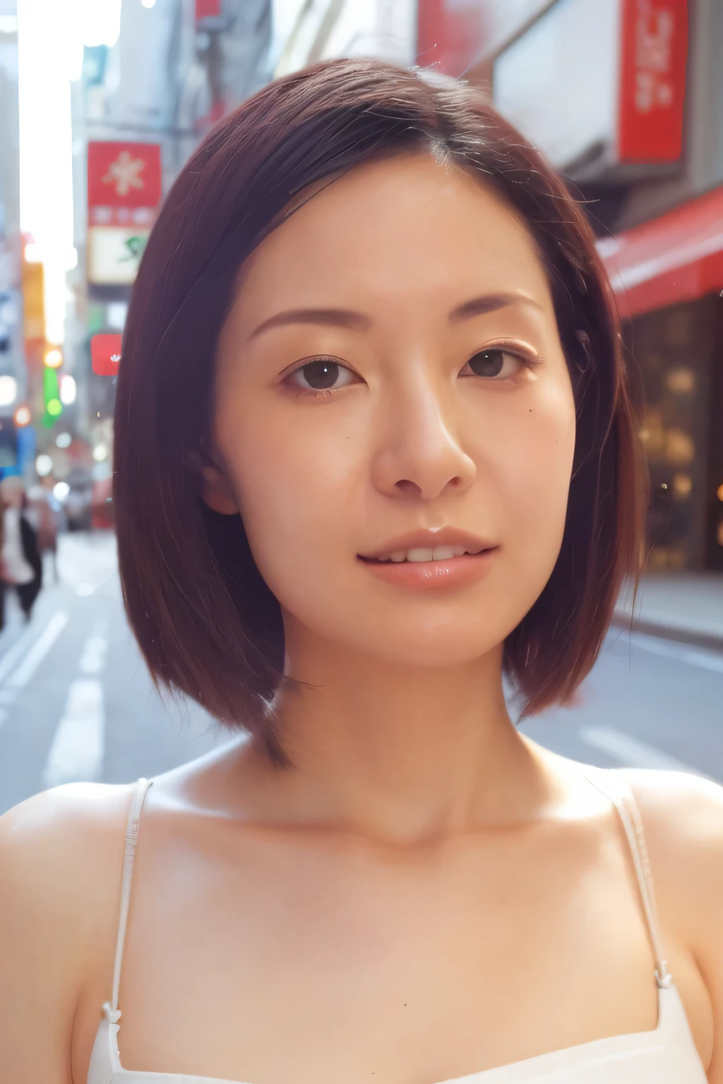 NSFW:1.5,((highest quality、8K resolution、master masterpiece、portrait:1.3)), Photoreal, 35mm film, 1 Japanese female, Upper body、on the street during the day, wrinkles around the eyes、plump body、hair pulled back、smile,((white bra_panties:1.3)) , (outdoor:city street 1.3), jumbled background,look at the audience,Tokyo cityscape:1.3,smile_show teeth