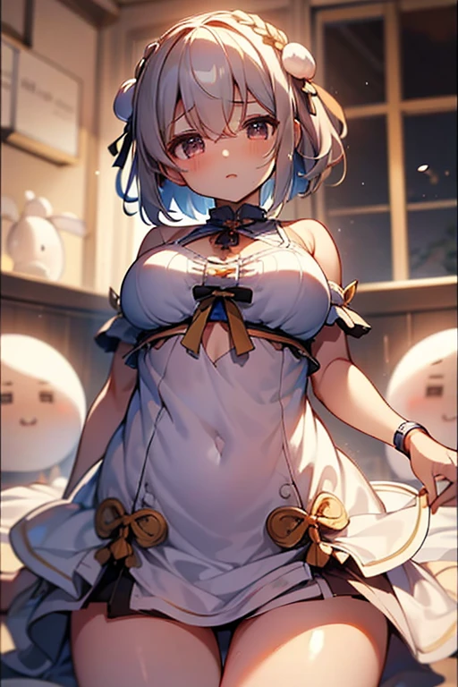 1girl,solo,retina,masterpiece, Awards, high quality, High resolution, HD, 4K,8K,high quality, rough skin,breast focus,(large breasts:1.3),faint smile,oily skin,underside of breasts,(mochi shaped breasts:1.2),(closeup upperbody:1.5),white clothe,baby face,(short height,petite:1.4),camisole,(Symmetric posing:1.3),(mochi shaped breasts:1.2),breasts roundness,stradding