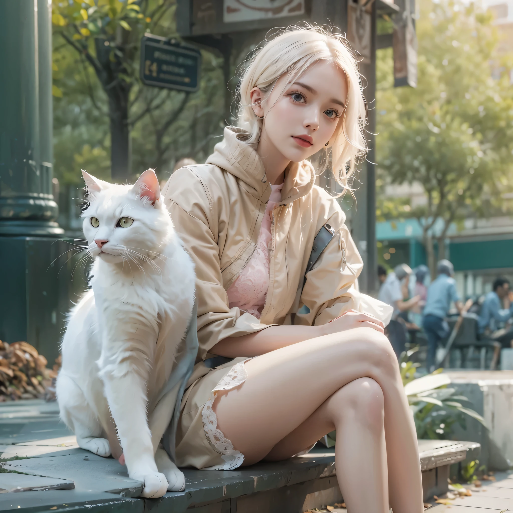 Blond woman sitting on a bench with a white cat - SeaArt AI