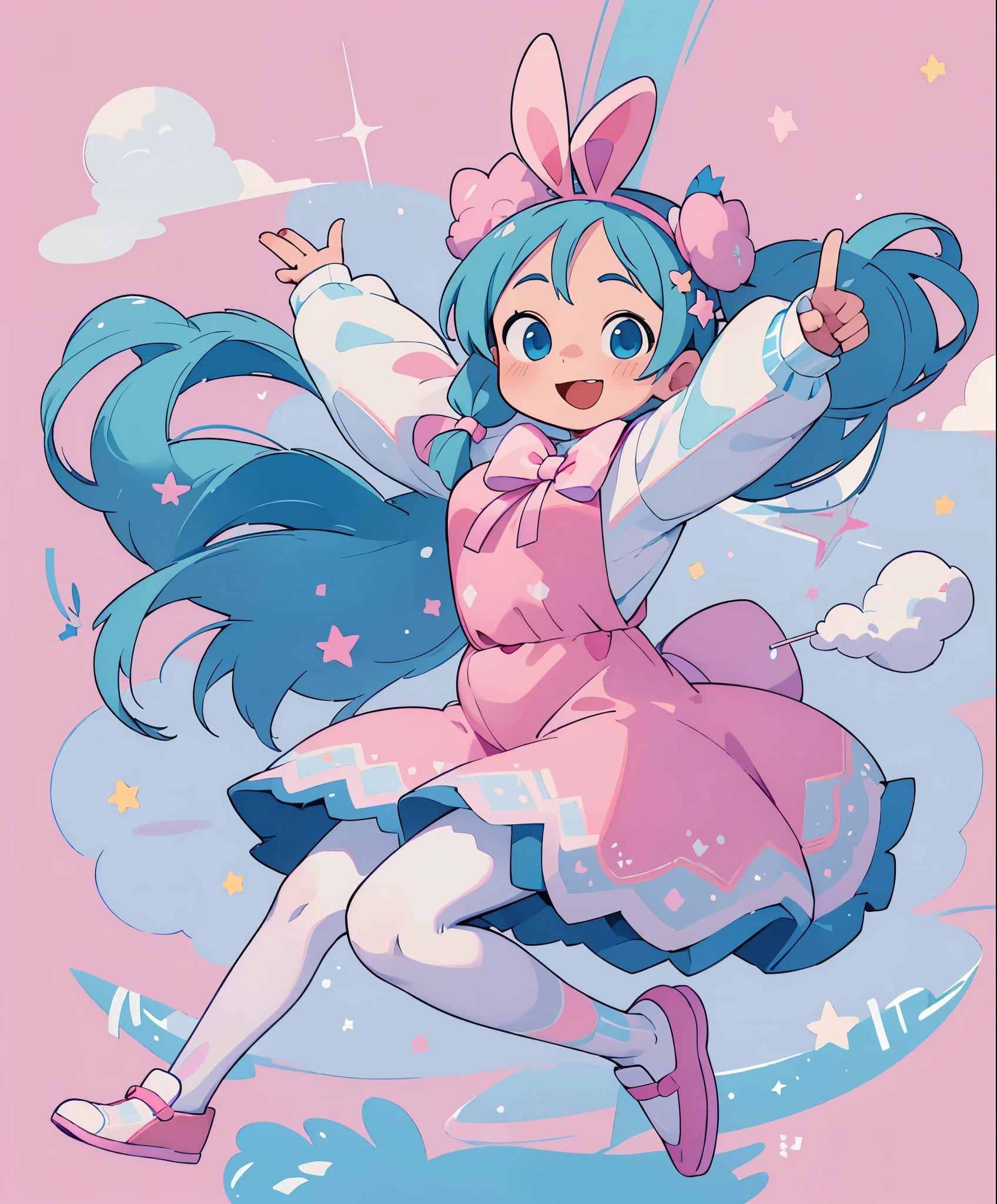 (masterpiece、highest quality、highest quality、official art、beautiful beautiful:1.2)、(1 girl:1.3)Hatsune Miku、twin tails,big breasts,1 girl, animal ears, pink hair, long hair, Rabbit, open your mouth, smile, Rabbit ears, bow, alone, white background, dress, pantyhose, wall, blue eyes, view viewer, :d, full body, simple background, nail polish, striped, holding, raised his arms, Say goodbye to hair accessories, hairstyle, long sleeve, plump sleeves, Watercolor shoes, shoes, 青いshoes, jump, animal, blush, argyle, star (symbol), has a cane, とてもlong hair, ribbon,