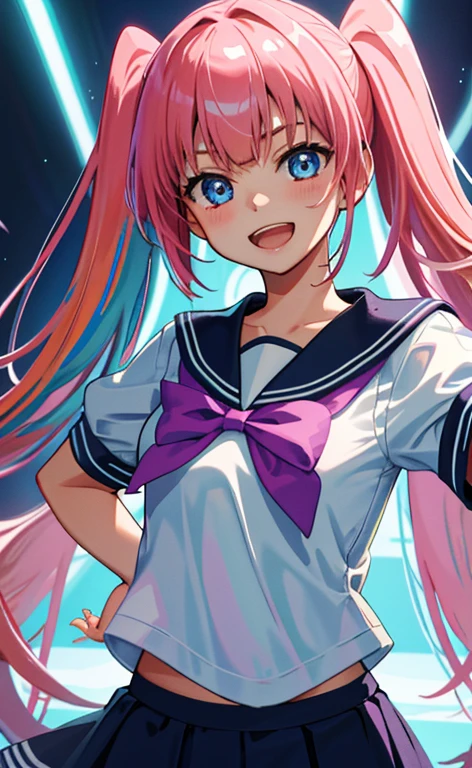 (​masterpiece、top-quality、8k size wallpaper、offcial art)、(face focus:1.3,portrait,upper body)、(1girl),Open mouth happy grin,cute face,blue eyes、twintails、
,(stand),
,(sexy body),(sailor uniform,skirt),(long fluorescence pink hair1.3), (small breasts)、
、(fluorescence)、classroom,JK、