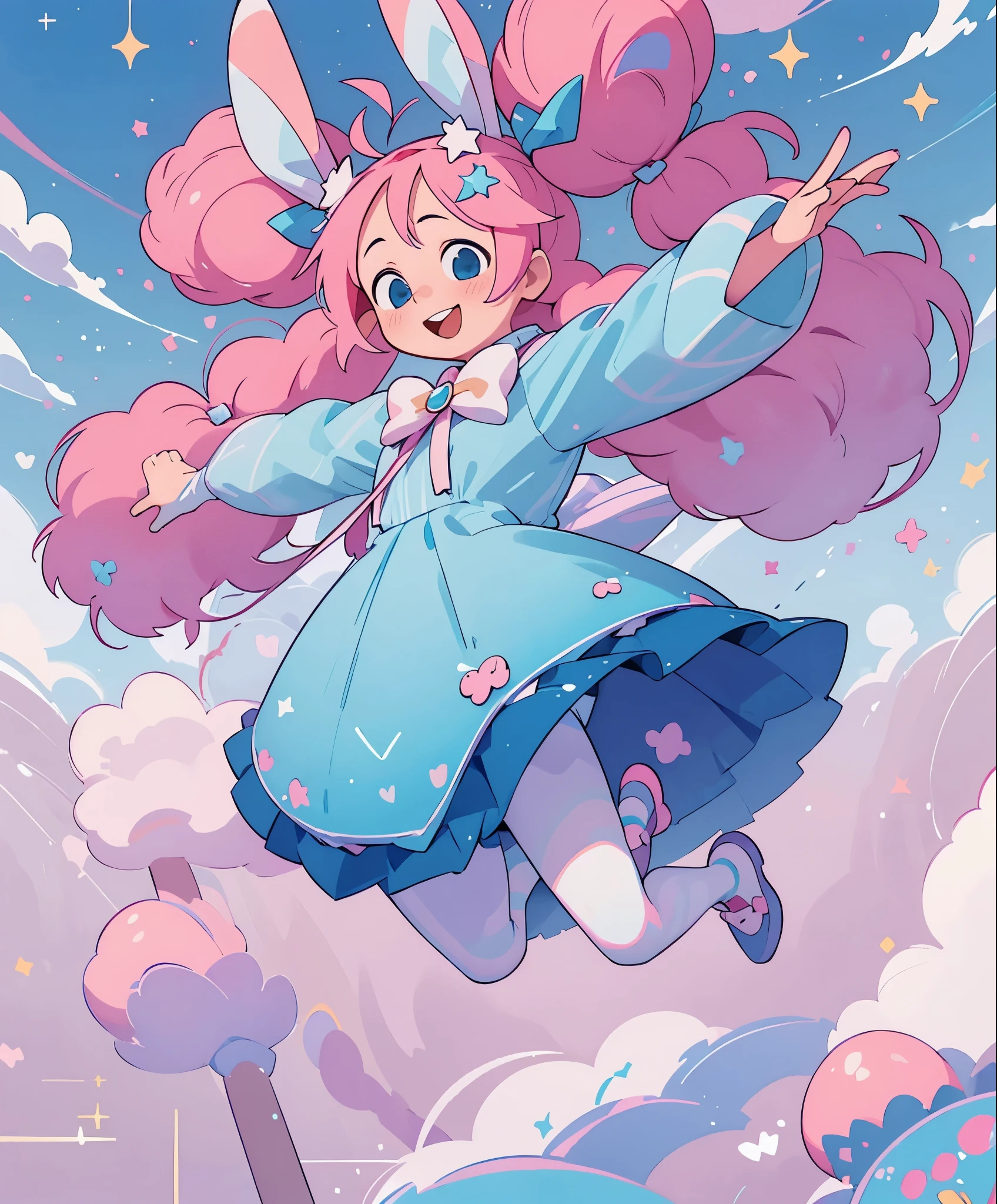 (masterpiece、highest quality、highest quality、official art、beautiful beautiful:1.2)、(1 girl:1.3)Hatsune Miku、twin tails,big breasts,1 girl, animal ears, pink hair, long hair, Rabbit, open your mouth, smile, Rabbit ears, bow, alone, white background, dress, pantyhose, wall, blue eyes, view viewer, :d, full body, simple background, nail polish, striped, holding, raised his arms, Say goodbye to hair accessories, hairstyle, long sleeve, plump sleeves, Watercolor shoes, shoes, 青いshoes, jump, animal, blush, argyle, star (symbol), has a cane, とてもlong hair, ribbon,