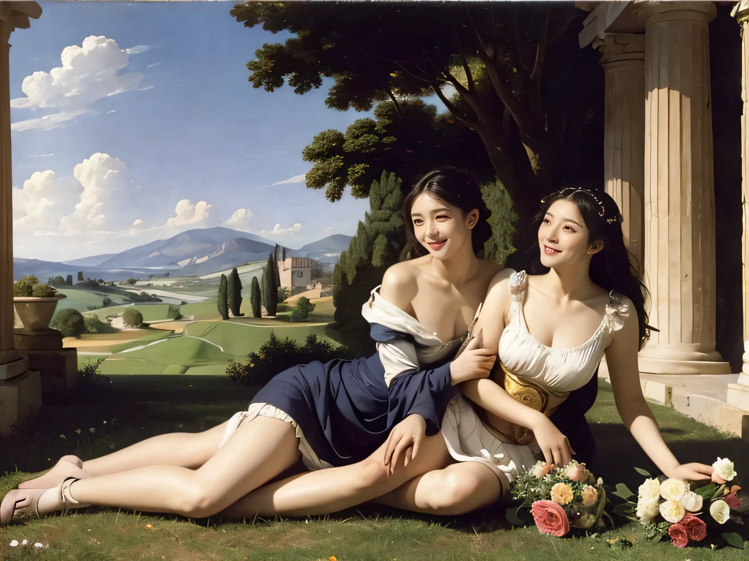 full body portrait or statue、Giorgione painting style,Arguments of two female Philosophe,math、astronomical machine、astronaut、roses in vase、fruits、Cute trinkets、smile、ancient greek costume、Ancient Roman landscape in the style of Nicolas Poussin,laughter,,Sweet and seductive appearance.、Caravaggio's paintings、Chiaroscuro of Caravaggio、hair tousled by the wind,Two women frolicking,cute smile, expression of ecstasy,Sexy,erotic