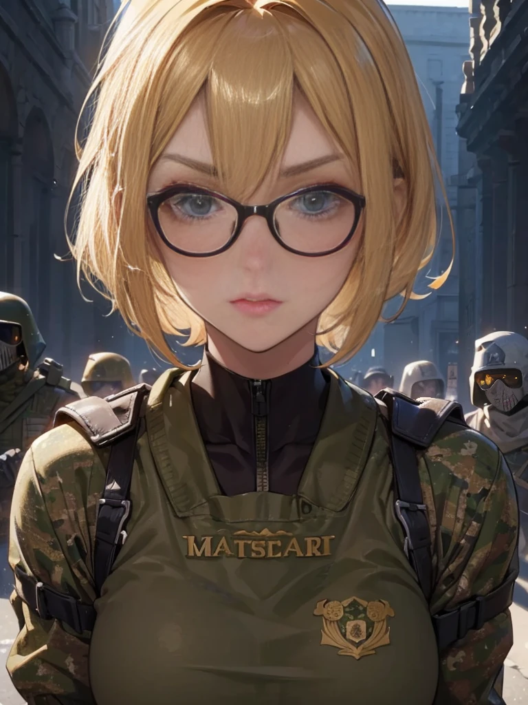 20 year old female、shiny hair quality、Beautiful Blonde Hair、bob hair、Glasses、Glasses美人、military、Forefront、battlefield、Camouflage、fierce battle、war、painful face、sweaty、perfect skeleton
