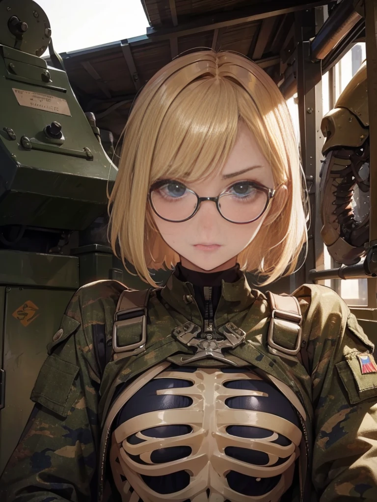 20 year old female、shiny hair quality、Beautiful Blonde Hair、bob hair、Glasses、Glasses美人、military、Forefront、battlefield、Camouflage、fierce battle、war、painful face、sweaty、perfect skeleton