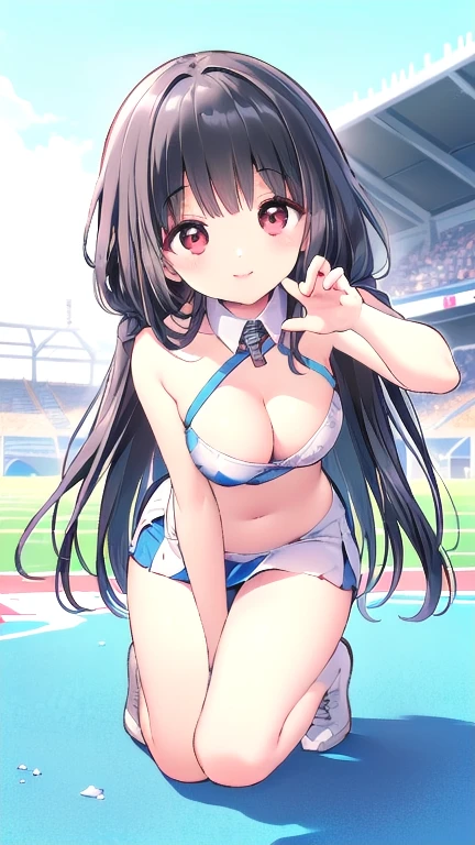 (1 girl, random pose, wearing a cheerleader uniform, high school student, On the background of the athletics stadium:1.5), (Gentle housewife, , full body, depth of field of view,  and a  girl, cute and adorable, perfect woman, moderate cleavage, adult aura:1.2), (masterpiece, highest quality, HD Images, 4k:1.1), ((very long hair, bangs, gentle expression, gentle smile, kind eyes, mature look, Pinkish cheeks, very fine eyes, very knowledgeable students, Highly detailed ridiculously long black hair, detailed face, fine ruby red eyes)), full body, look up at the viewer, dense long black hair, (A happy and kind face, gentle smile, red cheeks:1.3)