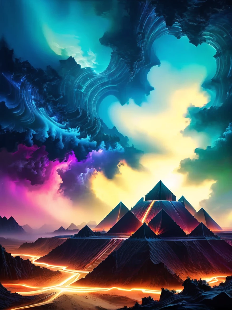 (Giant Geometric Shape), a massive, looming geometric form, highly stylized and abstract, large-scale surreal landscape, otherworldly architectural structure, intricate fractal patterns, dramatic lighting, vibrant colors, (best quality,8k,highres,masterpiece:1.2),ultra-detailed,HDR,UHD,studio lighting,ultra-fine detail,sharp focus,physically-based rendering,professional,vivid colors,concept art