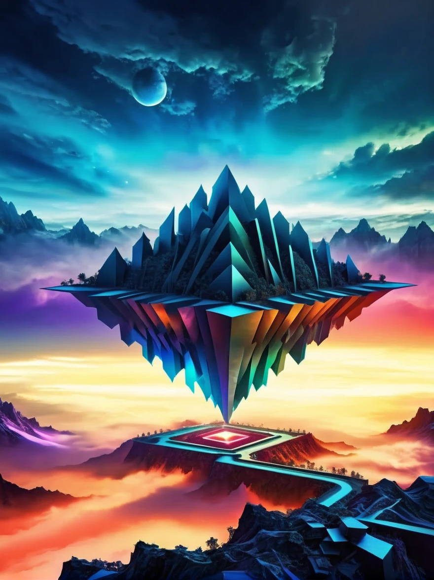 (Giant Geometric Shape), a massive, looming geometric form, highly stylized and abstract, large-scale surreal landscape, otherworldly architectural structure, intricate fractal patterns, dramatic lighting, vibrant colors, (best quality,8k,highres,masterpiece:1.2),ultra-detailed,HDR,UHD,studio lighting,ultra-fine detail,sharp focus,physically-based rendering,professional,vivid colors,concept art