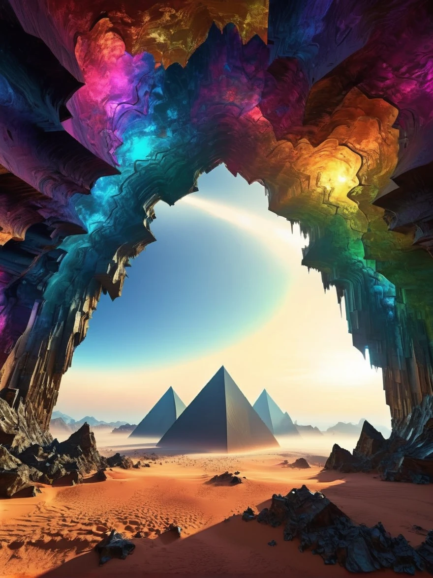 (Giant Geometric Shape), a massive, looming geometric form, highly stylized and abstract, large-scale surreal landscape, otherworldly architectural structure, intricate fractal patterns, dramatic lighting, vibrant colors, (best quality,8k,highres,masterpiece:1.2),ultra-detailed,HDR,UHD,studio lighting,ultra-fine detail,sharp focus,physically-based rendering,professional,vivid colors,concept art