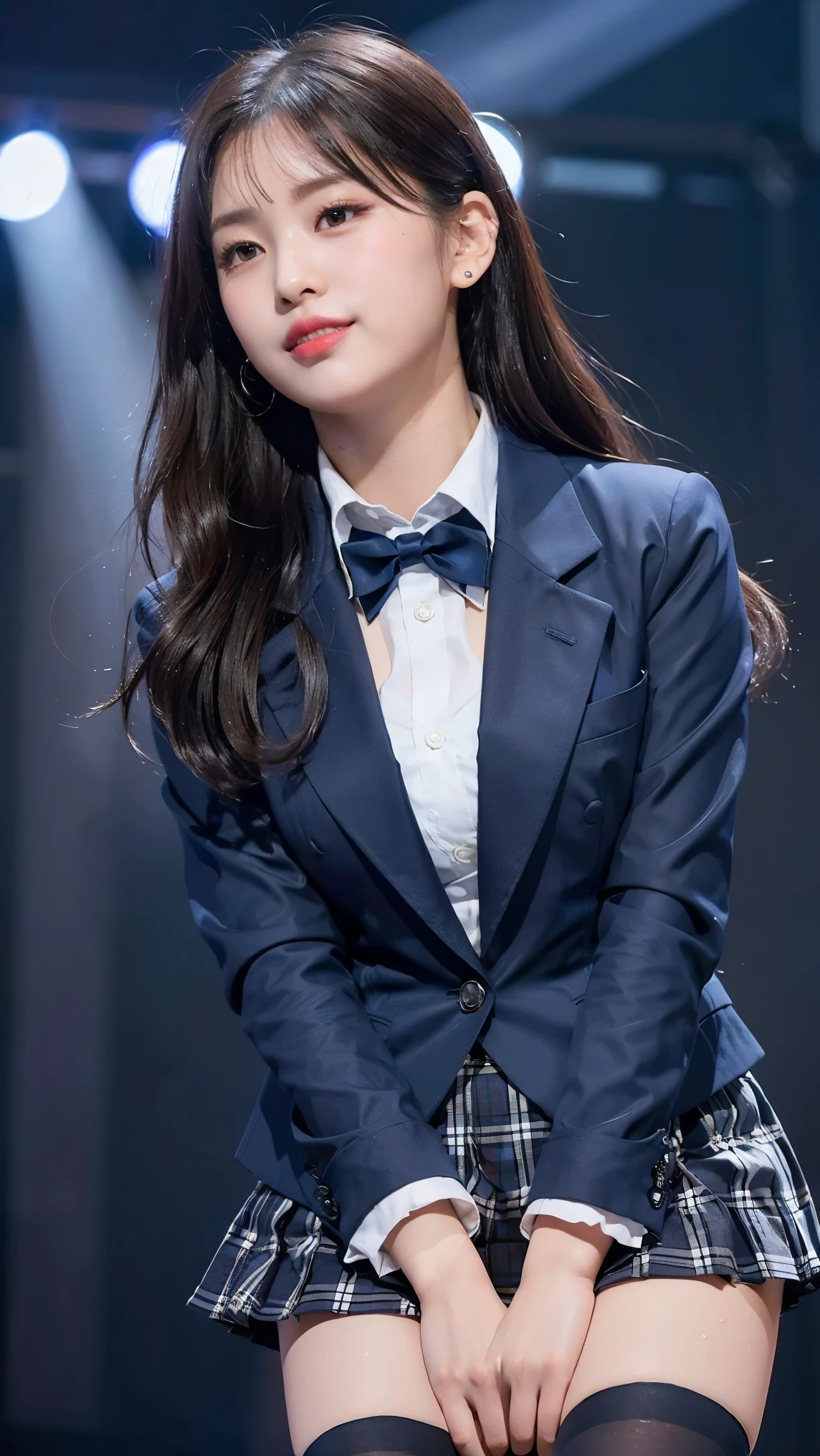 (8K), (highest quality: 1.2), (realistic), (realistic: 1.47), ultra high resolution, 1 girl, cute, smile, closed mouth, (thick lips:1.2),red lip,(Purse your mouth),beautiful details, beautiful nose,(Straight shiny black hair),(sweat on face)(Ponytail semi-long hair),Standing on the concert stage,Bend your elbows and raise your hands,(University Student Uniform,A simple navy blue blazer,white satin shirt,Tartan check pleated skirt,opaque tights:1.2),(Close up on wet thighs:1.2),(knees),(super low angle:1.2),(medium shot:1.2),