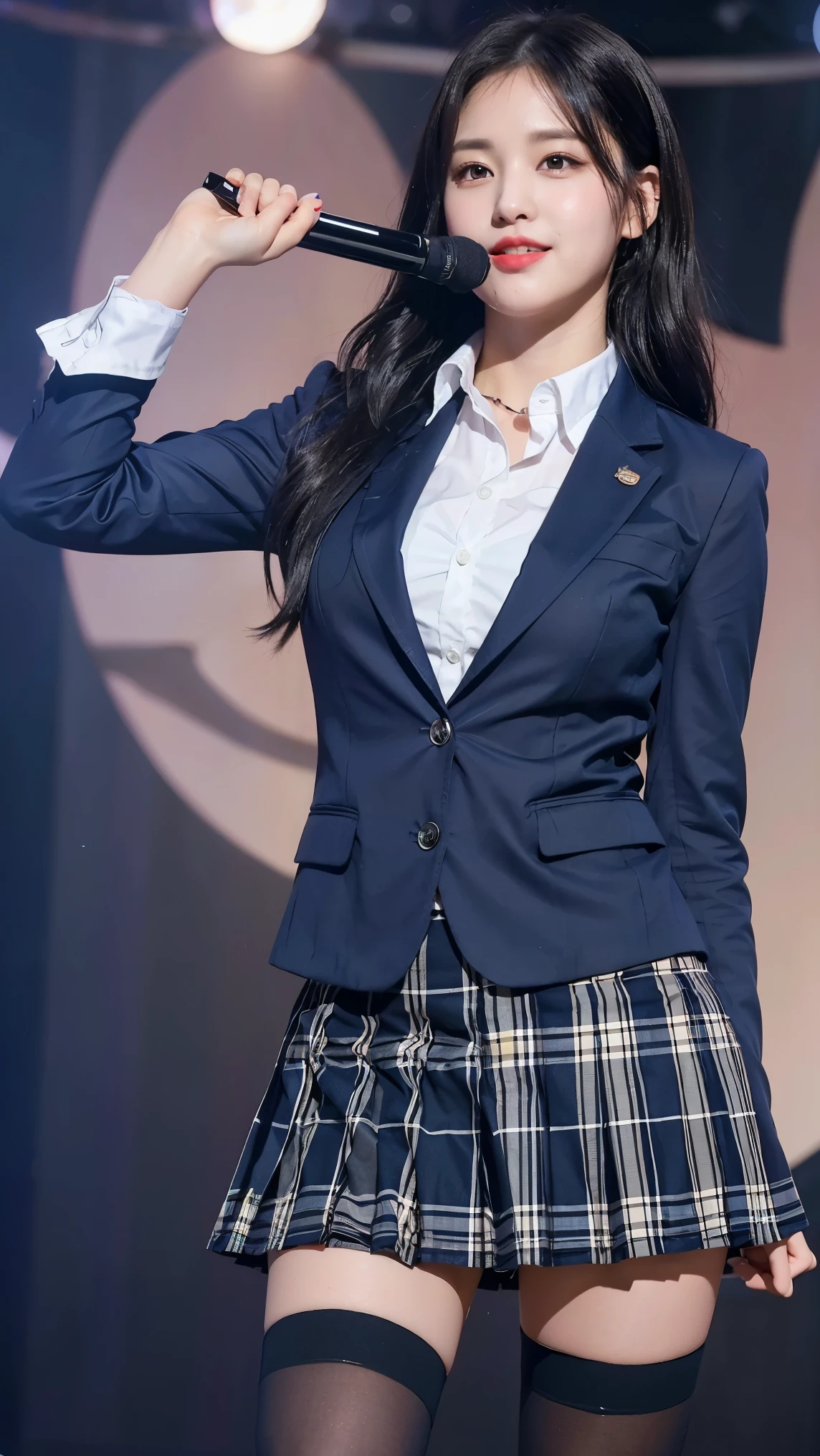(8K), (highest quality: 1.2), (realistic), (realistic: 1.47), ultra high resolution, 1 girl, cute, smile, closed mouth, (thick lips:1.2),red lip,(Purse your mouth),beautiful details, beautiful nose,(Straight shiny black hair),(sweat on face)(shaggy),Standing on the concert stage,Bend your elbows and raise your hands,(University Student Uniform,A simple navy blue blazer,white satin shirt,Tartan check pleated skirt,opaque tights:1.2),(Close up on wet thighs:1.2)(thigh high socks),(knees),(super low angle:1.2),(medium shot:1.2),