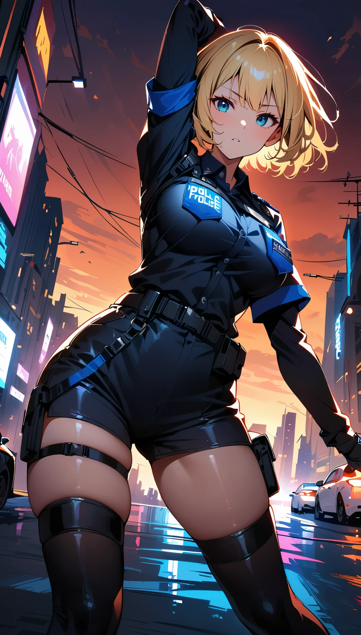 (high quality, 8k, 4k, high contrast, masterpiece:1.2, best quality, best aesthetics), (dynamic angle), Sexy female police officer, Detailed face and body, Beautiful breasts, confident look, (blonde, short hair), Shiny black uniform, Tactical belt with equipment, Glossy Badges and Name Tags, Standing in a dynamic pose, dutch angle, Background of the cityscape, Police car lights flashing,