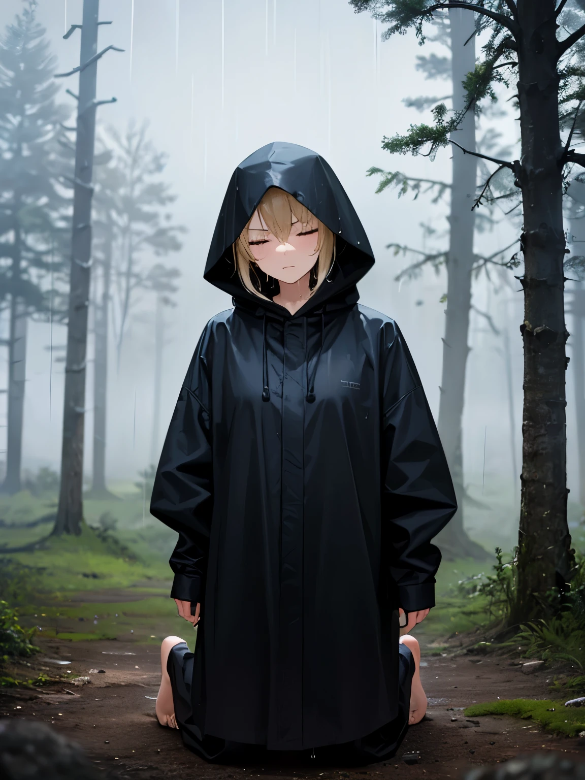 close your eyes,fog,soil,forest,rain,cloudy,1 girl,blonde,Wear a black hood,black long raincoat,barefoot,kneel down,serious face,Sweat,Wet,