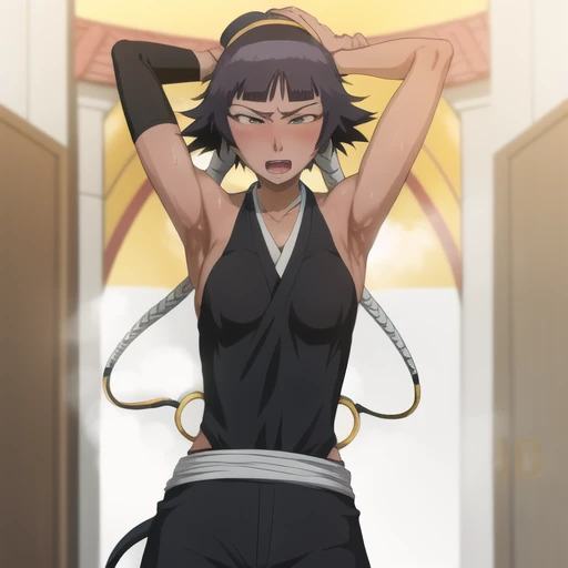 ( Animation screenshots:1.1),outdoor,
1 girl, alone, black hair, side breasts,eternal, short hair with long locks, japanese clothing, - Hip vents, no underwear,short hair, small breasts, (white eyes:1.1),No eyeballs, Also available in black, No headwear,low double braids,Face the audience, looking at the audience, tired, from below, (Show armpits:1.1), ((Armpit:1.2)), Sexy, Sweat dripping, More and more sweat,(ahegao), (Roll your eyes), naughty face, blush, open mouth, Sticking out tongue, saliva, sloppy person,Runny nose,skinny, raise arms, (arms above head:1.5)