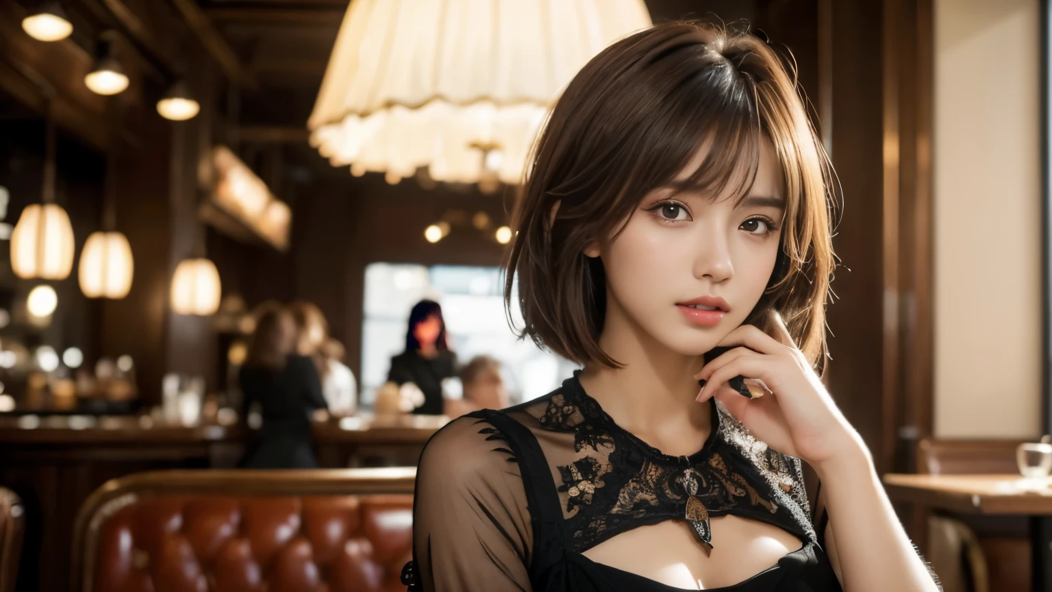 (masterpiece, super detailed, very detailed, exquisite, 16k, disorganized), woman, 19 years old, glamorous, (Suppin breeze:1.4), looking at the viewer, short hair, messy hair, diagonal bangs, brown hair, brown eyes, Upper body, cinematic lighting, Blurry background in focus, Inside a stylish cafe, Urban Cafe