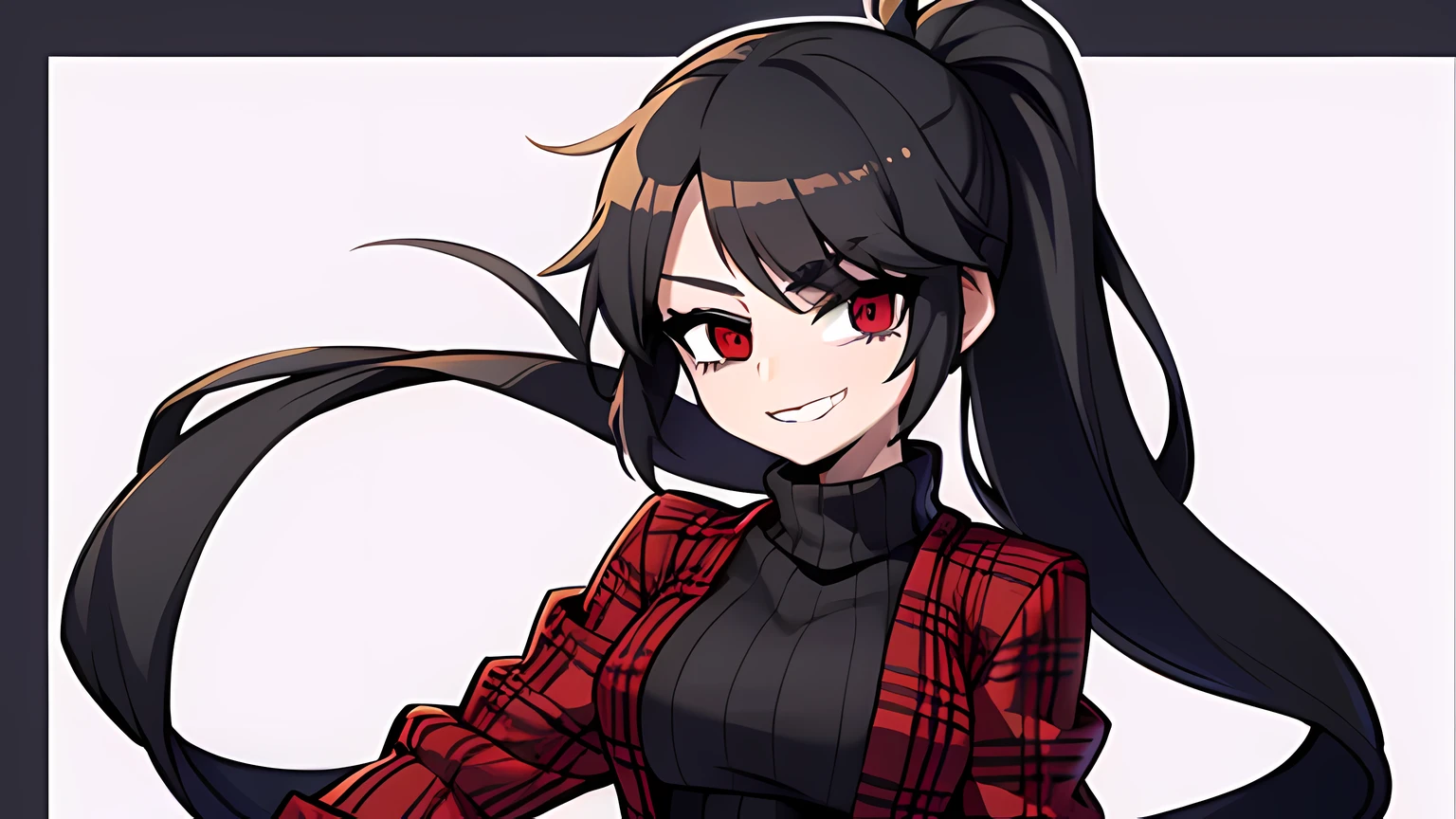 1girl,solo,upper body,looking at viewer,facing viewer,ponytail,black hair,red eyes,twin parted bangs,hair pulled back,solid outline,black thighhighs,red plaid skirt,sweater,grinning evily
