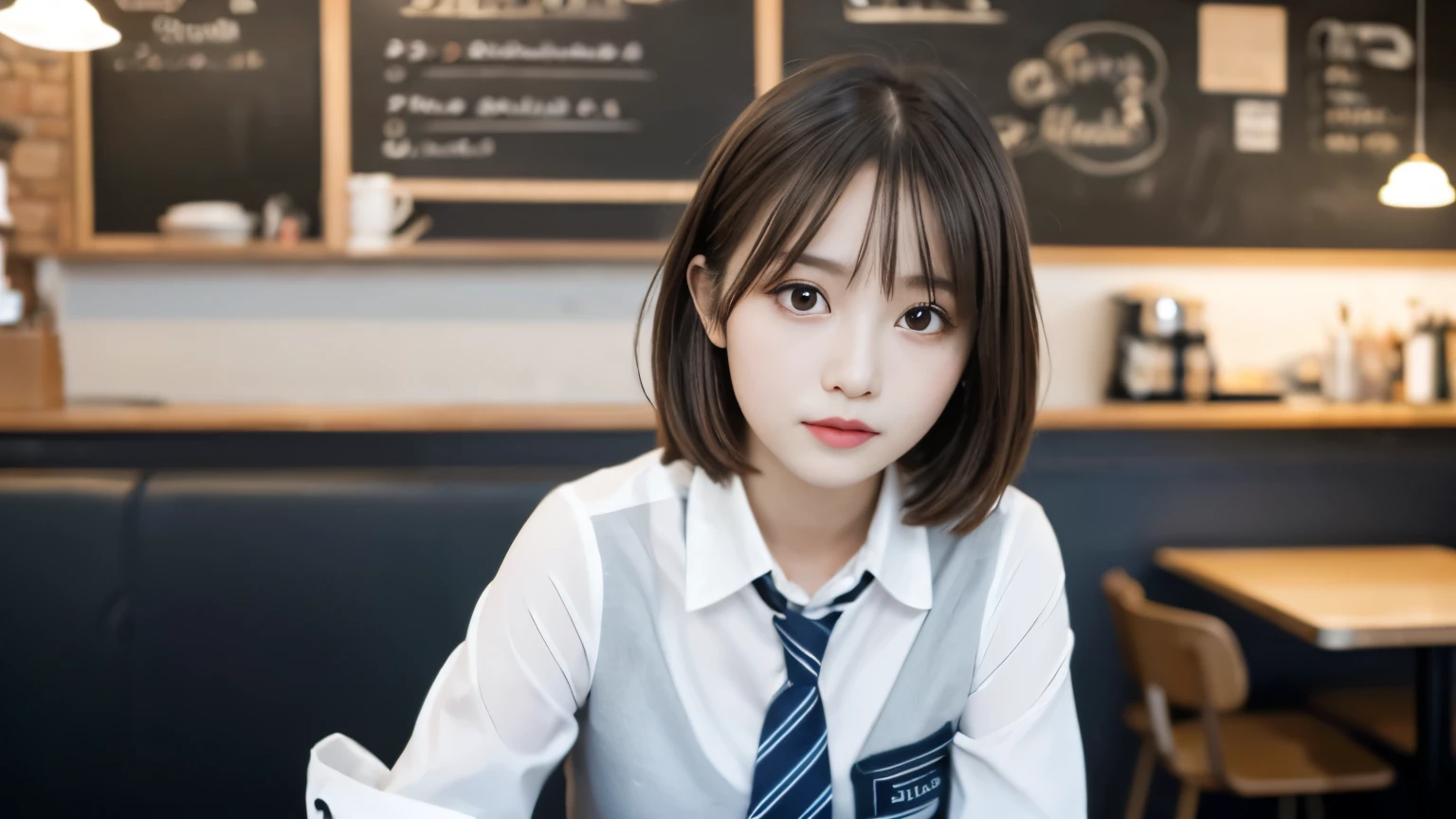 8K, highest quality, real image, intricate details, Super detailed, ultra high resolution, depth field,(realistic,realistic:1.2),table top , front shot , Photographed at a stylish cafe , girl, とても美しい17歳のgirl, innocent big eyes,、highly detailed eyes:1.2)、bangedium short hair, perfect skin, Fair skin, tight waist, light blush, look at the viewer,((School_uniform),(blazer), (white shirt、wear a tie), (gray pleated skirt), (sculpture installation :1.1), urban cafe space, Customers enjoying cafe around