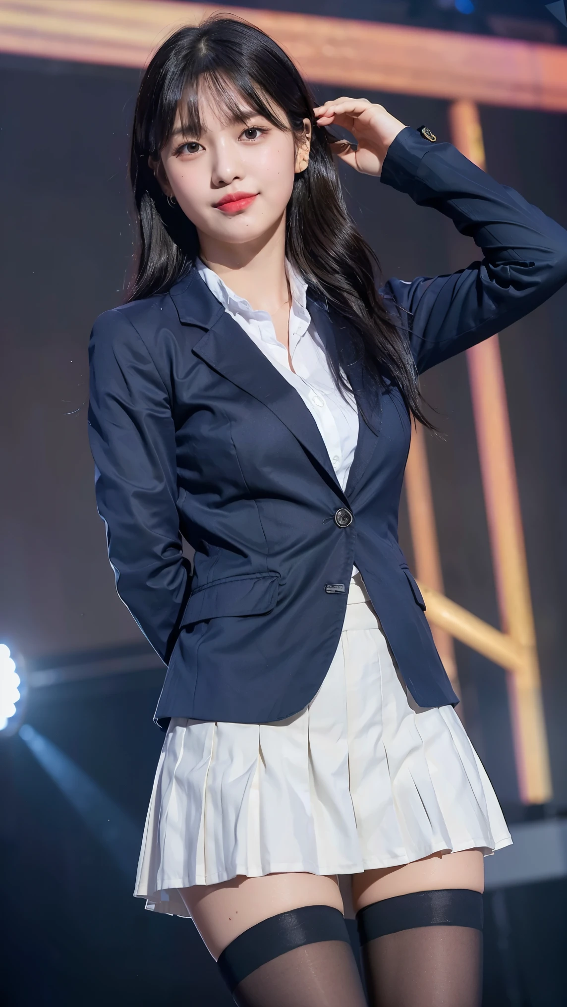 (8K), (highest quality: 1.2), (realistic), (realistic: 1.47), ultra high resolution, 1 girl, cute, smile, closed mouth, (thick lips:1.2),red lip,(Purse your mouth),beautiful details, beautiful nose,(Shiny black hair),(shaggy),(sweat on face),Standing on the concert stage,Bend your elbows and raise your hands,(University Student Uniform,A simple navy blue blazer,white satin shirt,Tartan check pleated skirt,opaque tights:1.2),(Close up on wet thighs:1.2)(thigh high socks),(knees),(super low angle:1.2),(medium shot:1.2),