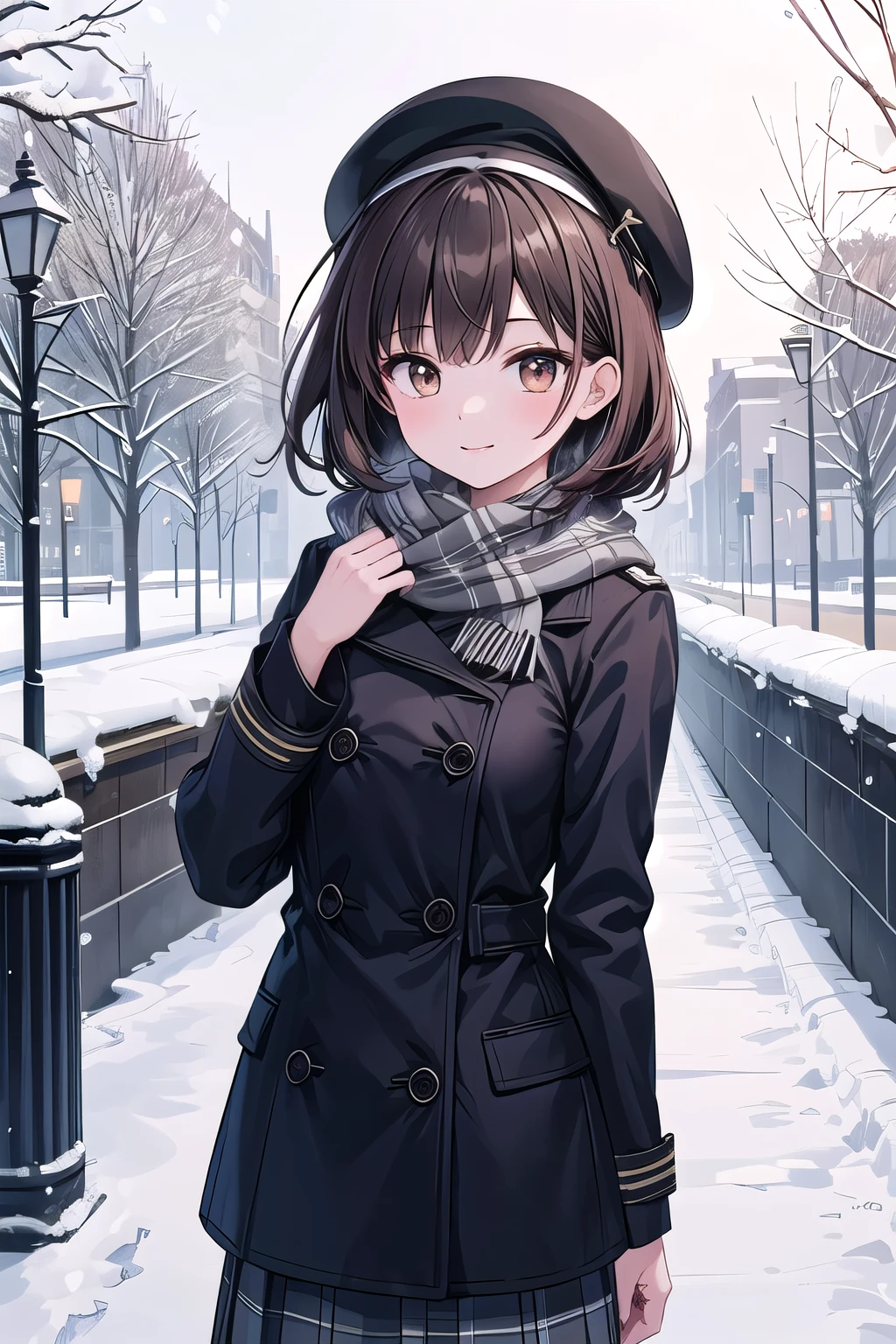 solo girl, 20 years old,medium hair, dark brown hair, brown eyes, medium breast, happy,pea coat,beret,fluffy scarf,maxi skirt ,outdoors, winter,snow, Best Quality, High resolution, Extremely detailed, Detailed background, Perfect Lighting