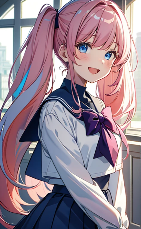 (masterpiece、top-quality、8k size wallpaper、offcial art)、(face focus:1.3,portrait,upper body)、(1girl),Open mouth happy grin,cute face,blue eyes、twintails、
,(stand),
,(sexy body),(sailor uniform,skirt),(long fluorescence pink hair1.3), (small breasts)、
、fluorescence、classroom,JK、